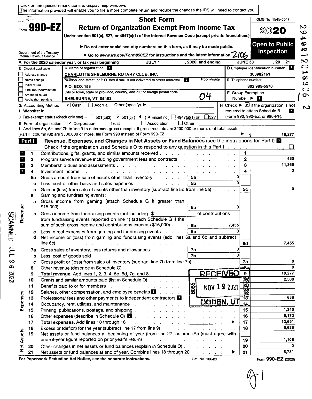 Image of first page of 2020 Form 990EO for Rotary International - Charlotte-Shelburne VT Rotary Club