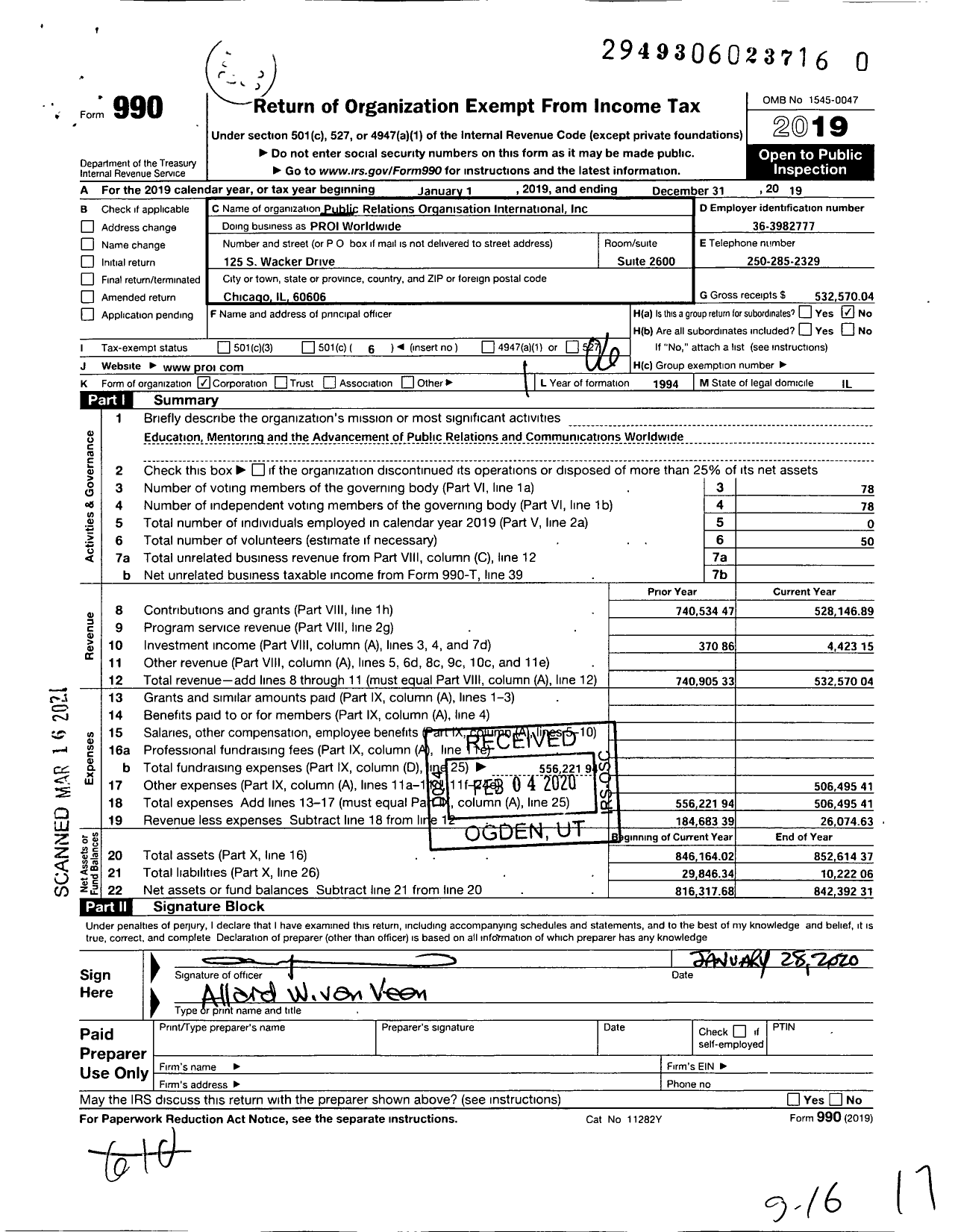 Image of first page of 2019 Form 990O for PROI Worldwide