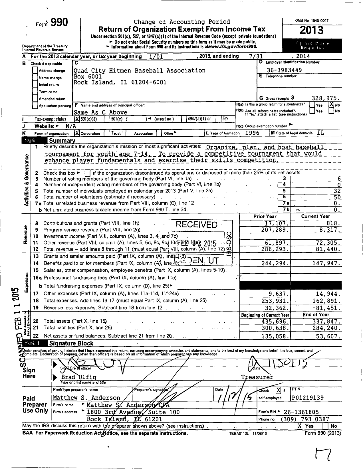 Image of first page of 2013 Form 990 for Quad City Hitmen Baseball and Softball Academy