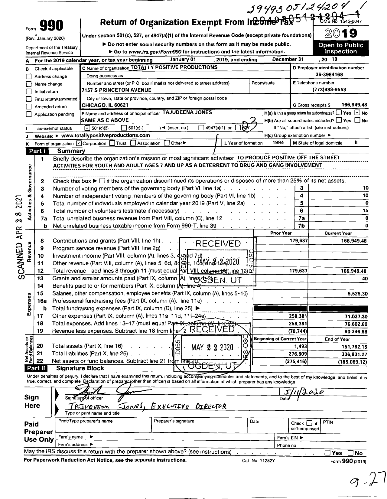 Image of first page of 2019 Form 990 for Totally Positive Productions