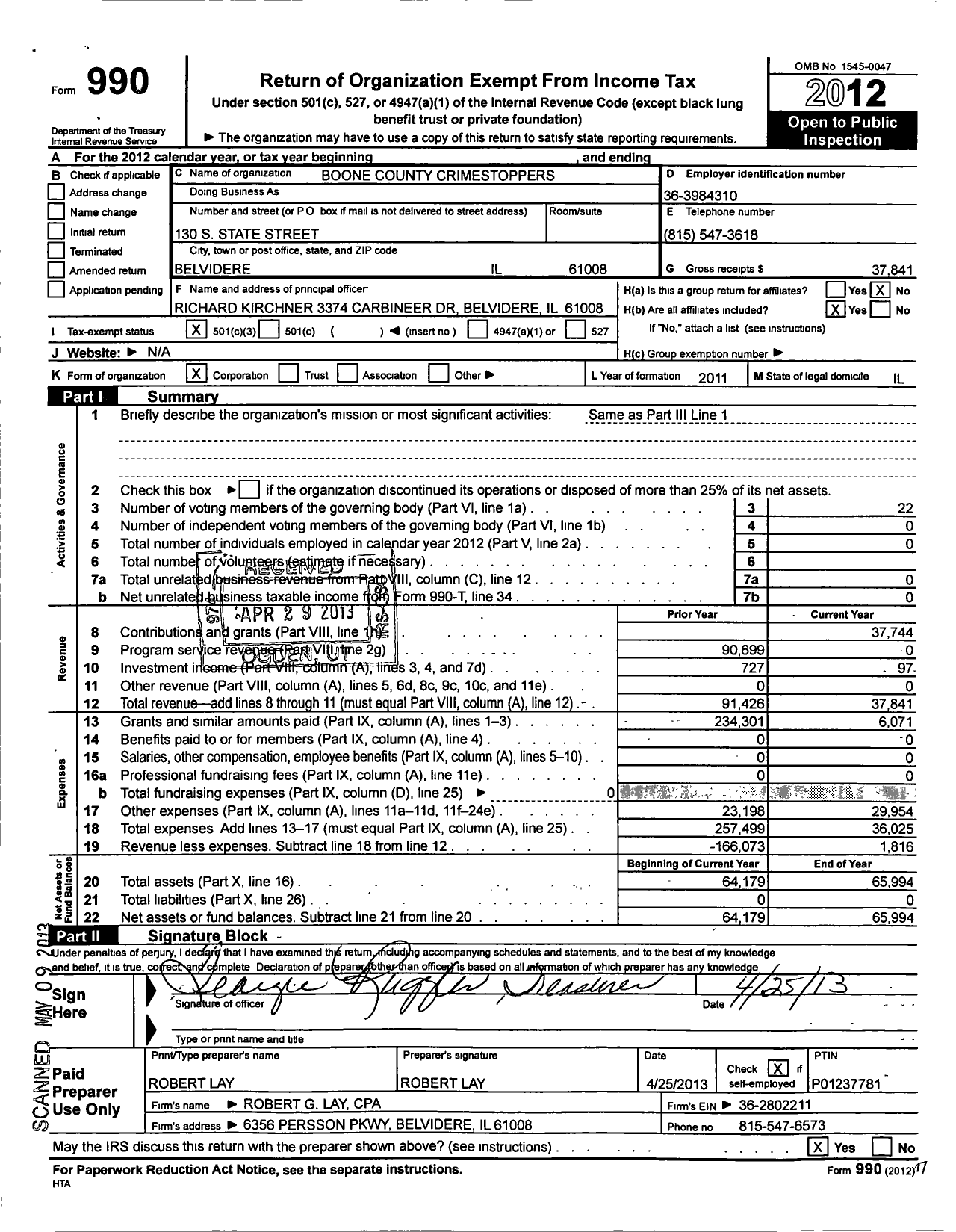 Image of first page of 2012 Form 990 for Boone County Crime Stoppers