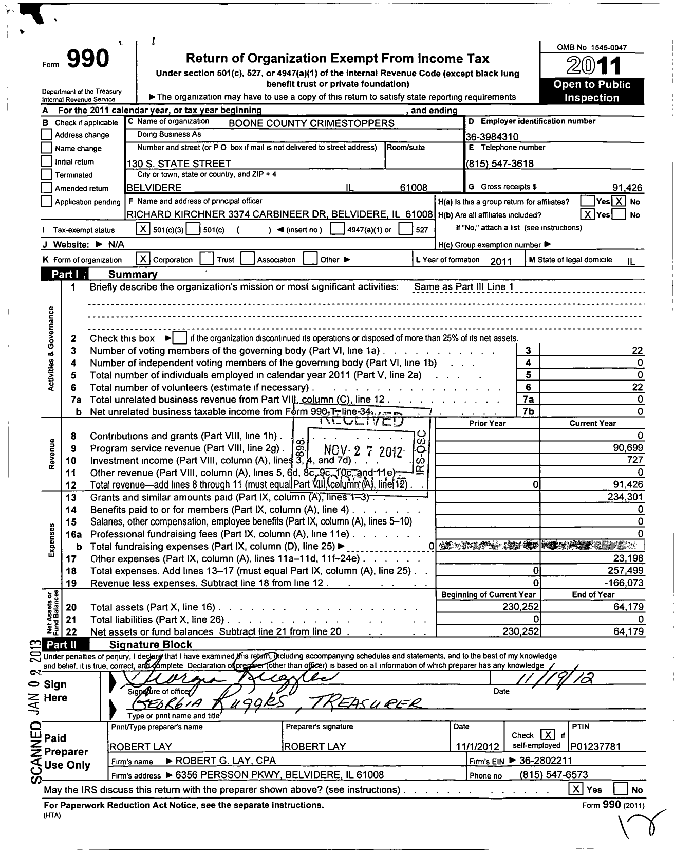 Image of first page of 2011 Form 990 for Boone County Crime Stoppers