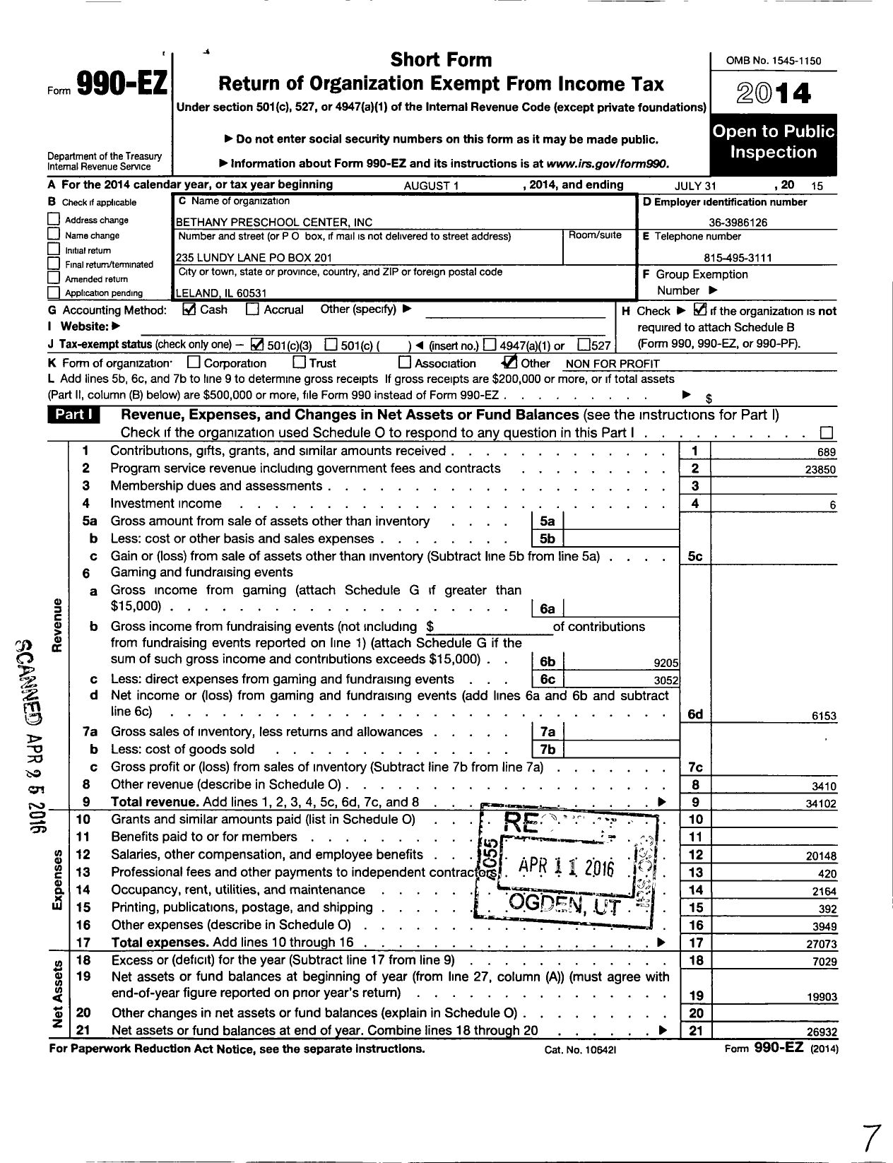 Image of first page of 2014 Form 990EZ for Bethany Preschool Center