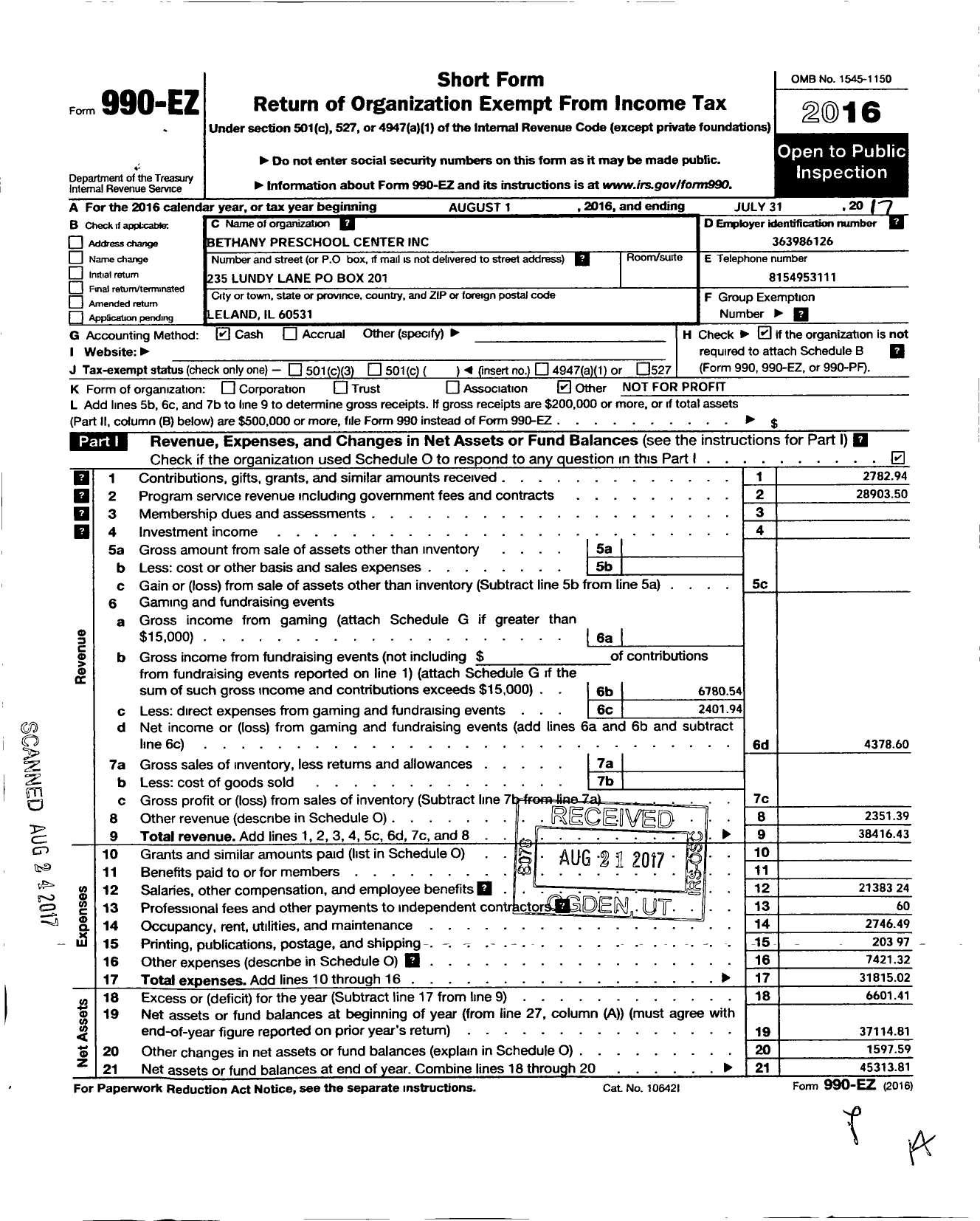 Image of first page of 2016 Form 990EO for Bethany Preschool Center