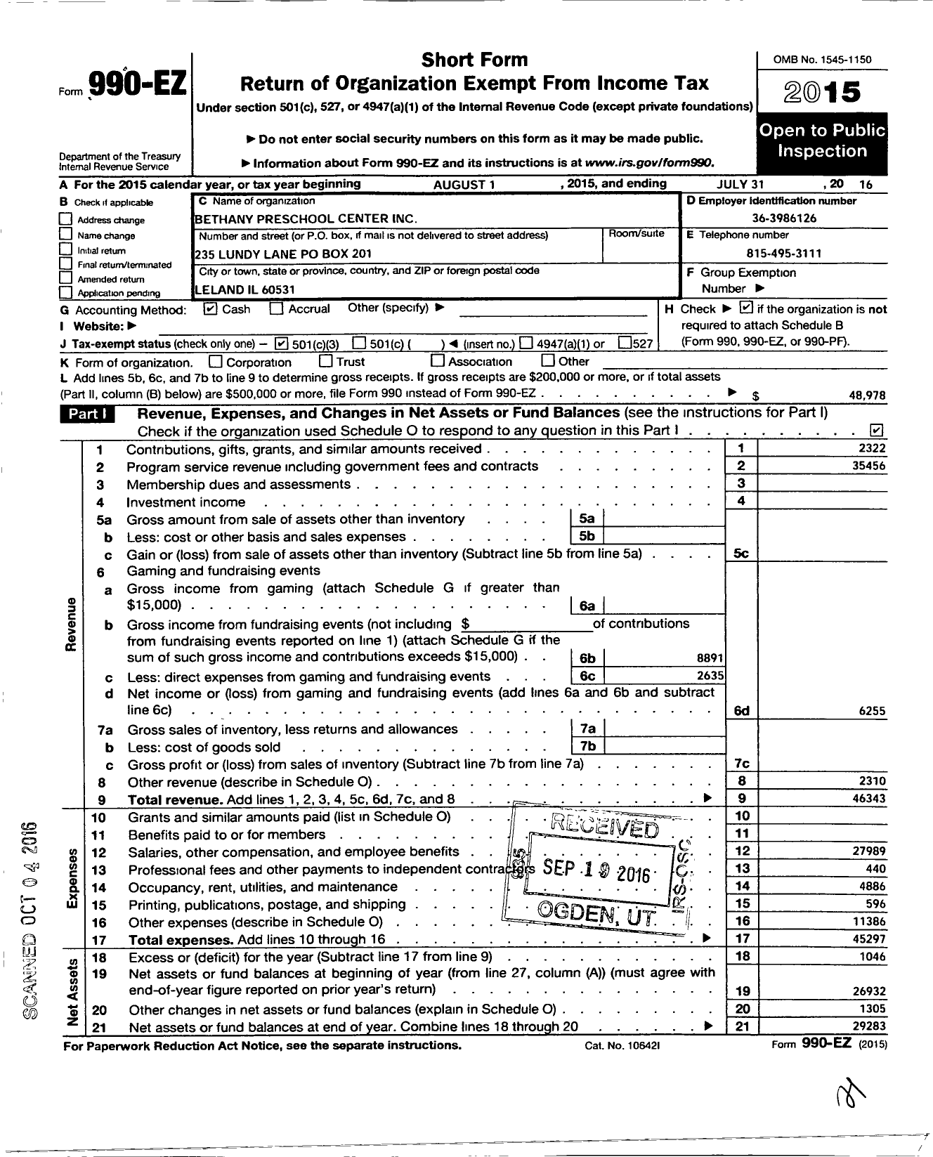 Image of first page of 2015 Form 990EZ for Bethany Preschool Center