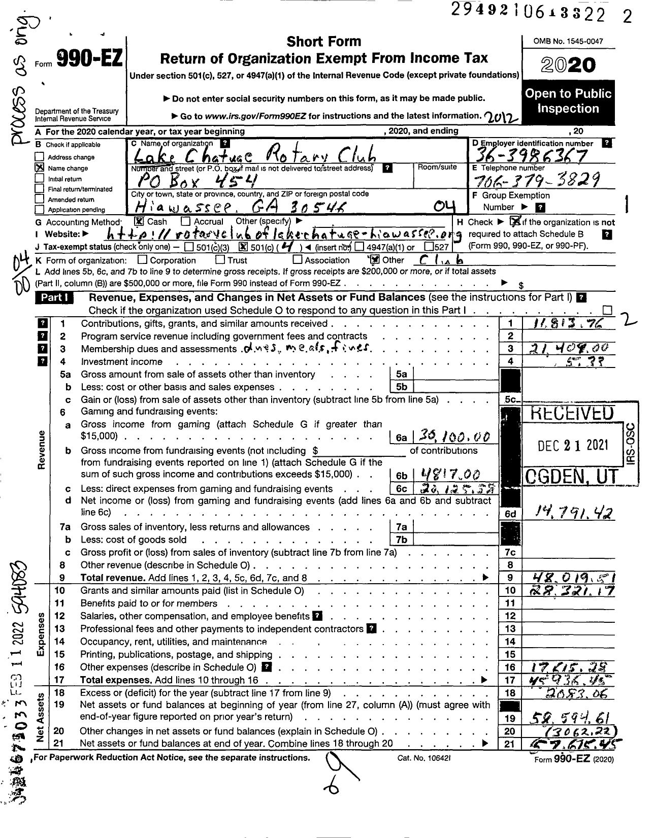 Image of first page of 2020 Form 990EO for Rotary International - Rotary Club LK Chatuge-Hiawassee Ga