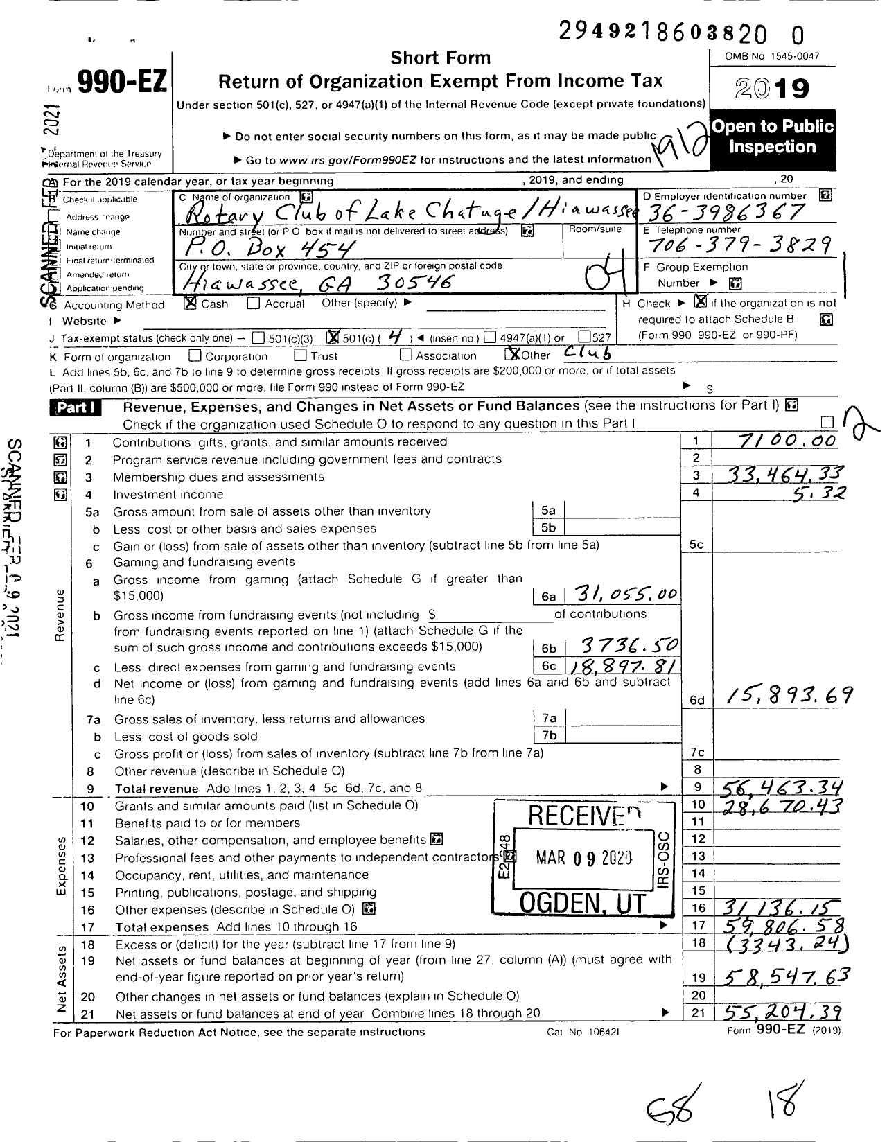 Image of first page of 2019 Form 990EO for Rotary International - Rotary Club LK Chatuge-Hiawassee Ga