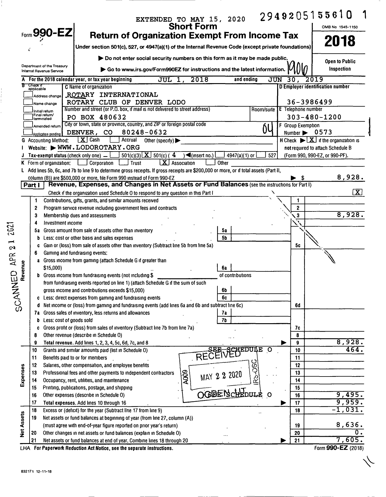 Image of first page of 2018 Form 990EO for Rotary International - Rotary Club of Denver Lodo Colorado