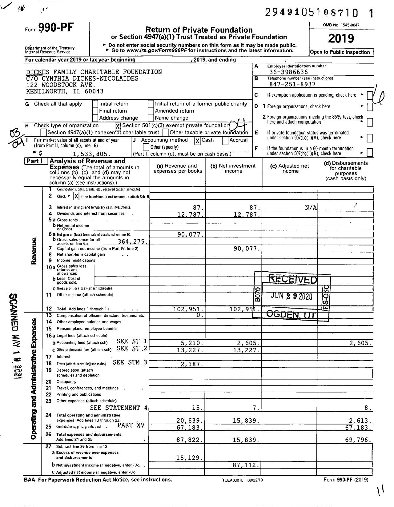 Image of first page of 2019 Form 990PF for Dickes Family Charitable Foundation