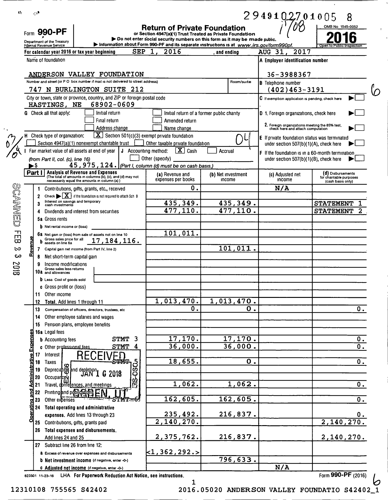 Image of first page of 2016 Form 990PF for Anderson Valley Foundation