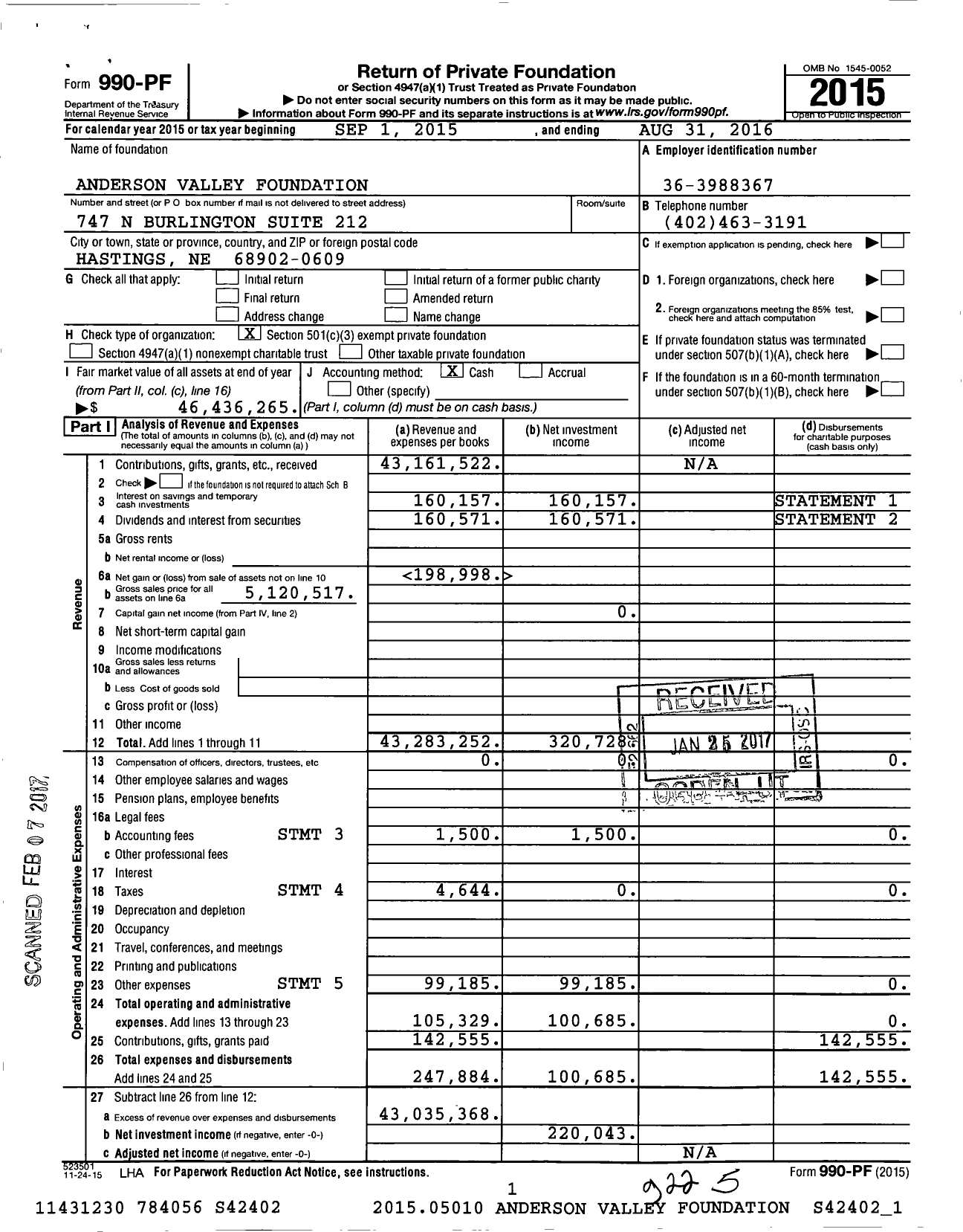 Image of first page of 2015 Form 990PF for Anderson Valley Foundation