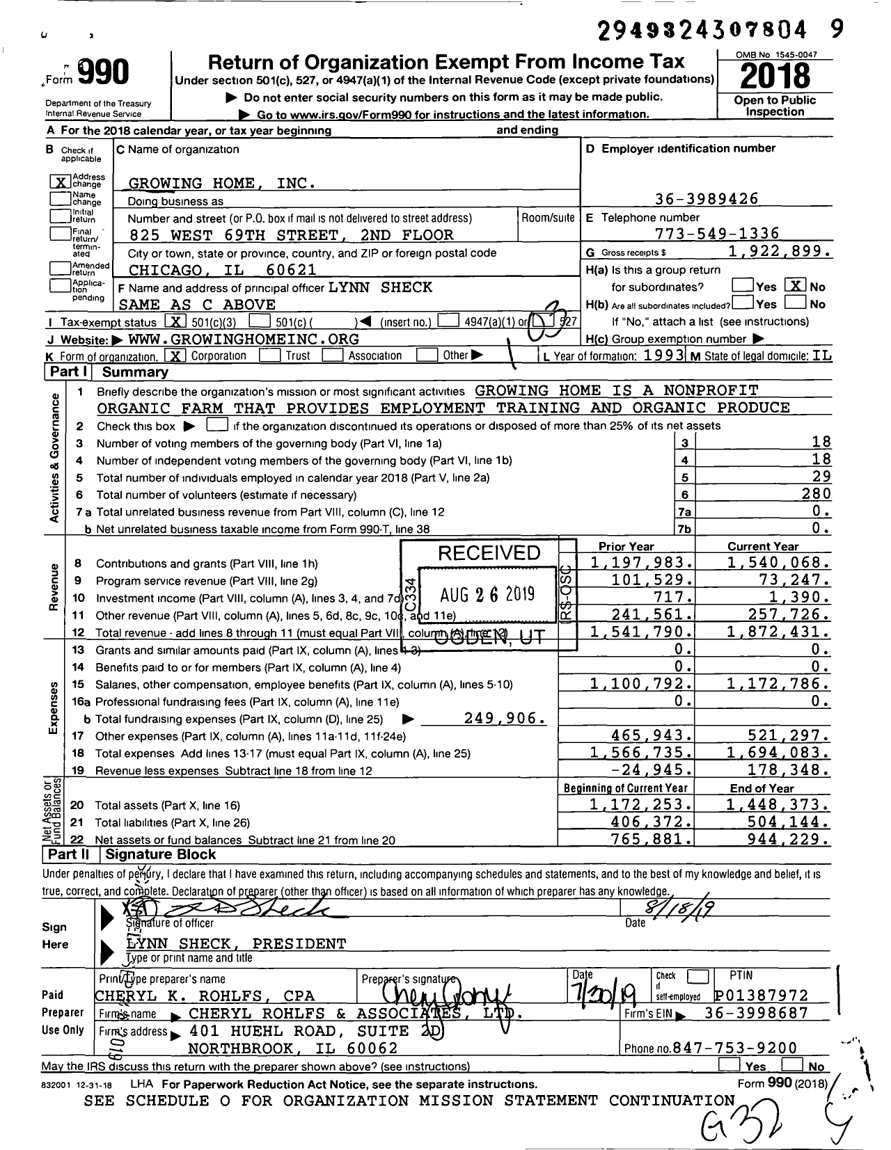 Image of first page of 2018 Form 990 for Growing Home