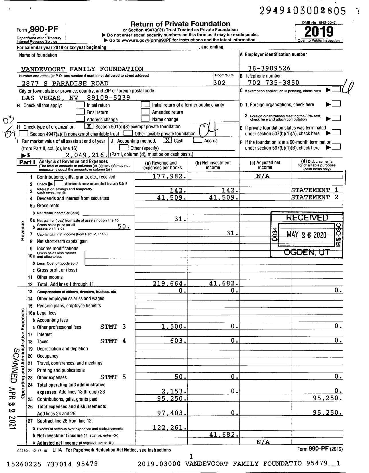 Image of first page of 2019 Form 990PF for Vandevoort Family Foundation