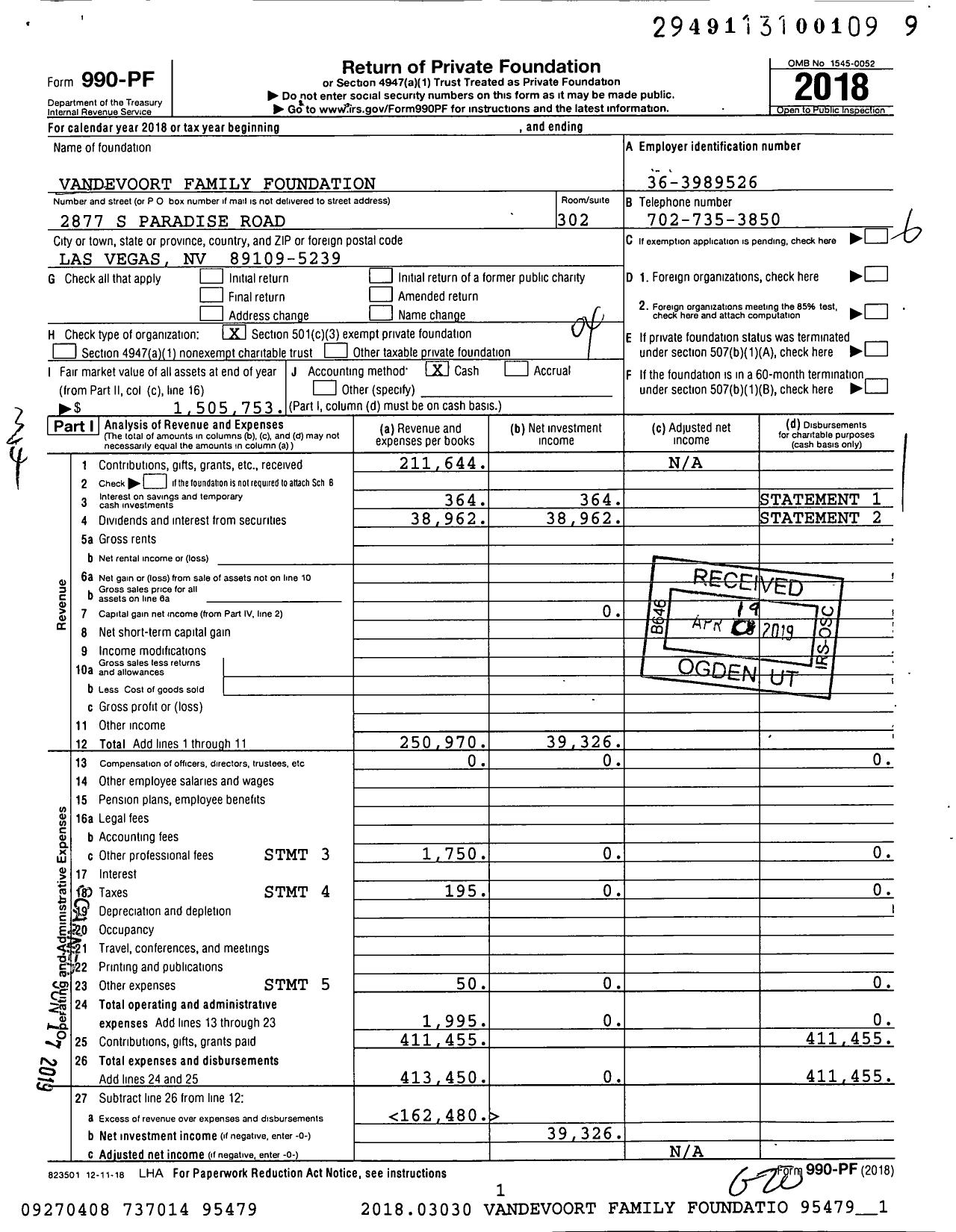 Image of first page of 2018 Form 990PF for Vandevoort Family Foundation