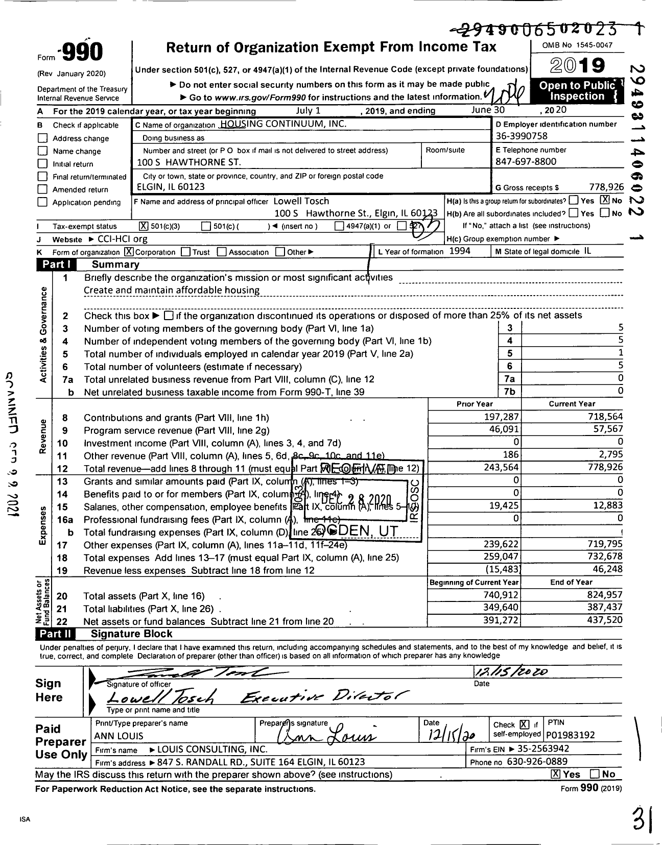 Image of first page of 2019 Form 990 for Housing Continuum