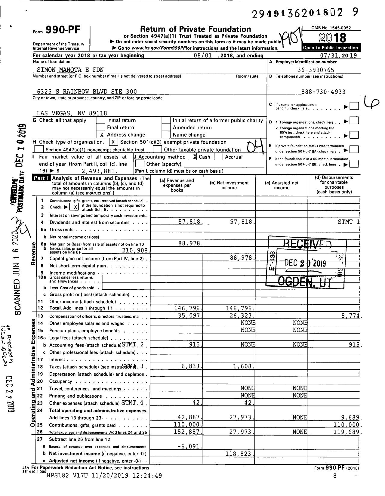 Image of first page of 2018 Form 990PR for Simon Manota E Foundation