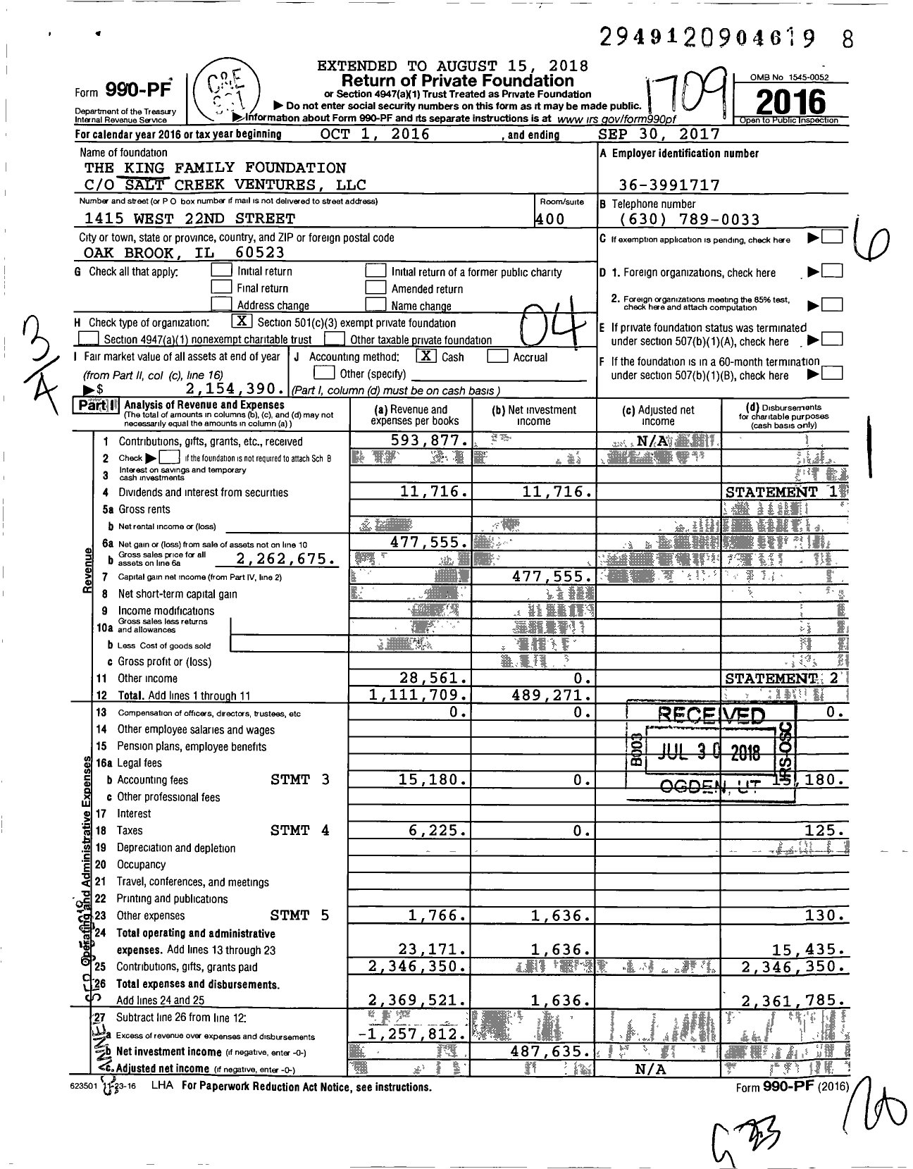 Image of first page of 2016 Form 990PF for The King Family Foundation