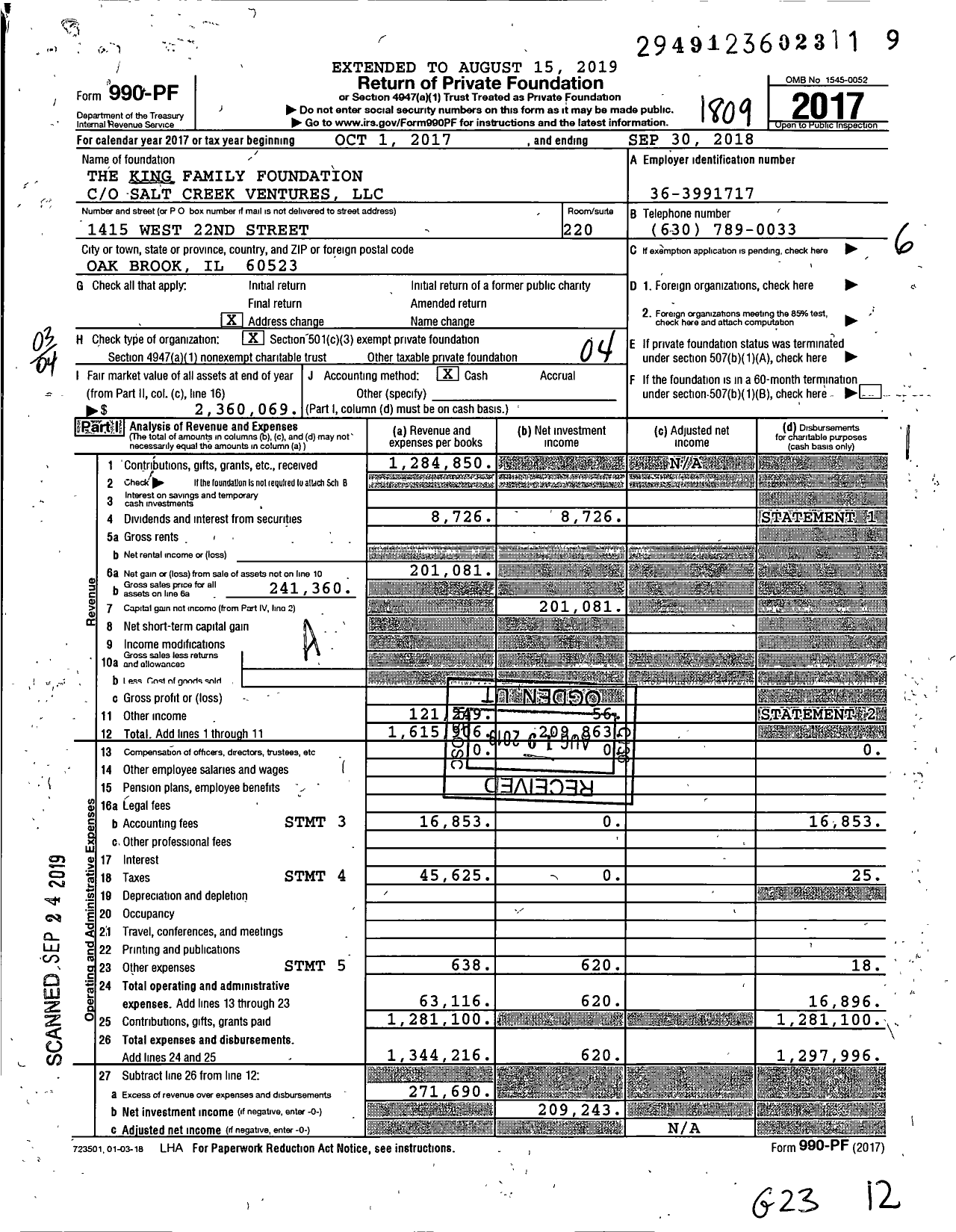 Image of first page of 2017 Form 990PF for The King Family Foundation