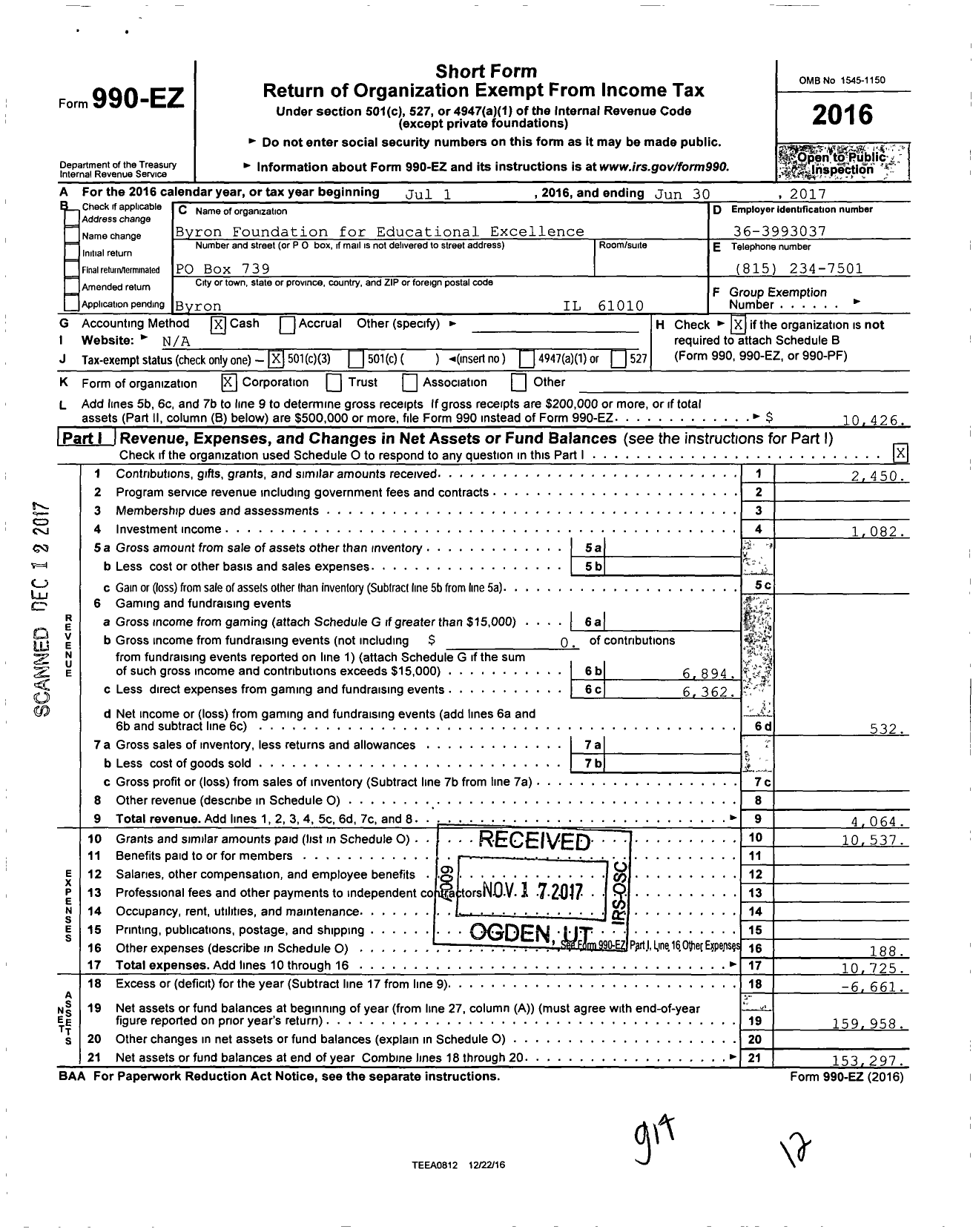 Image of first page of 2016 Form 990EZ for Byron Foundation for Educational Excellence