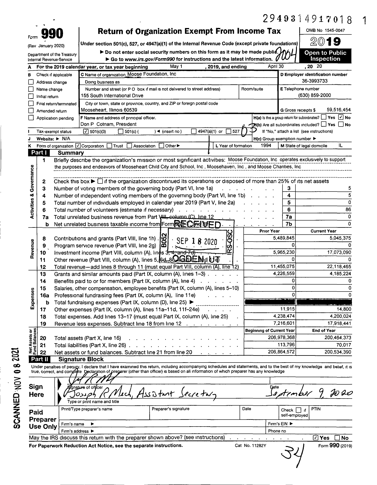 Image of first page of 2019 Form 990 for Moose Foundation