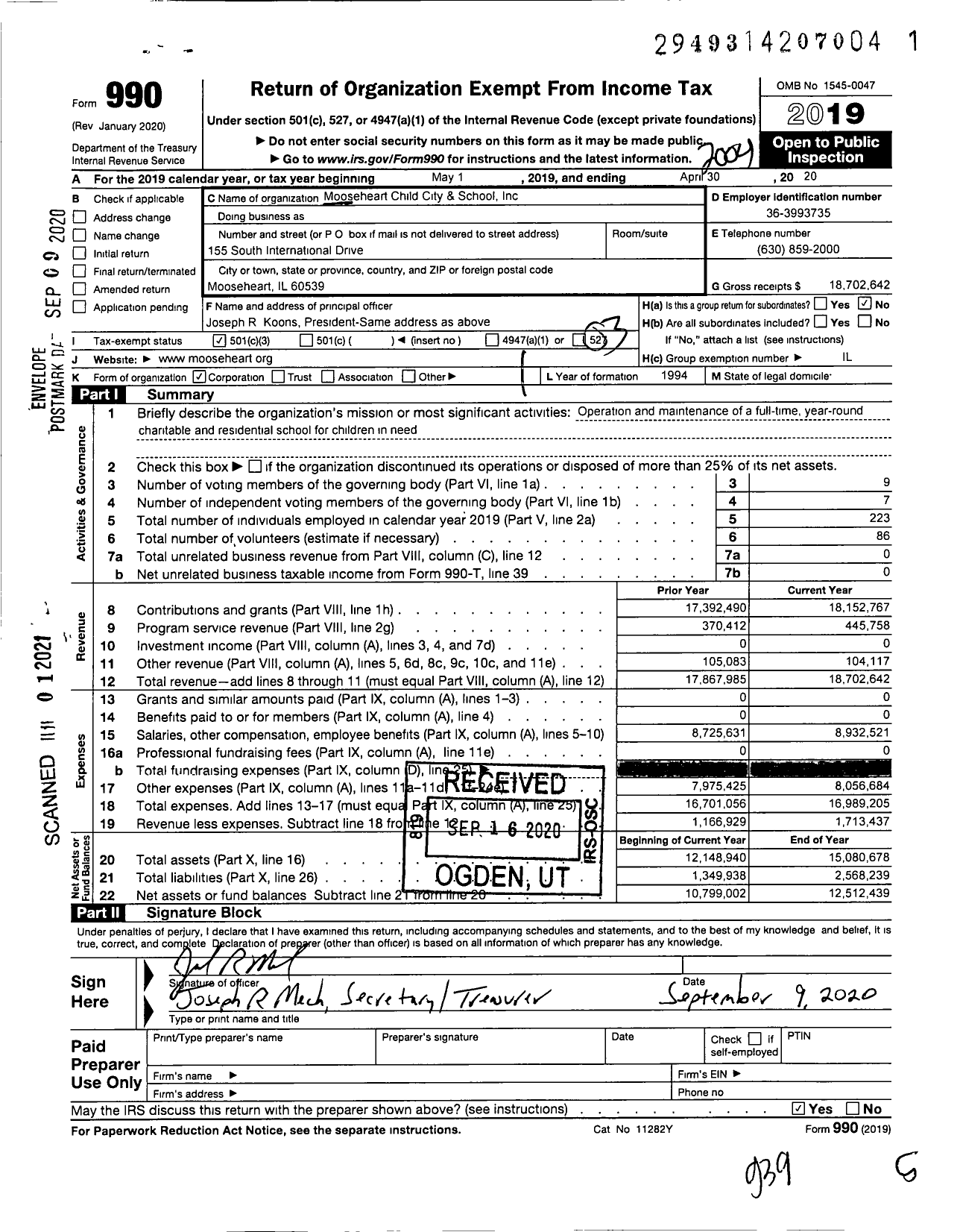 Image of first page of 2019 Form 990 for Mooseheart Child City and School