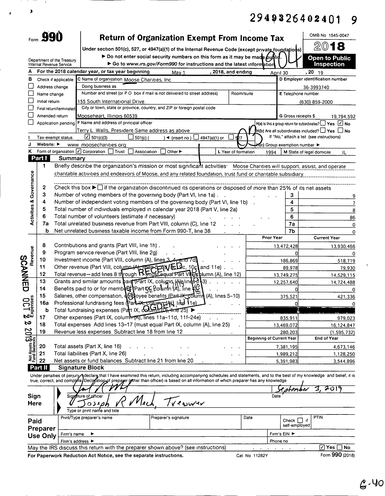 Image of first page of 2018 Form 990 for Moose Charities