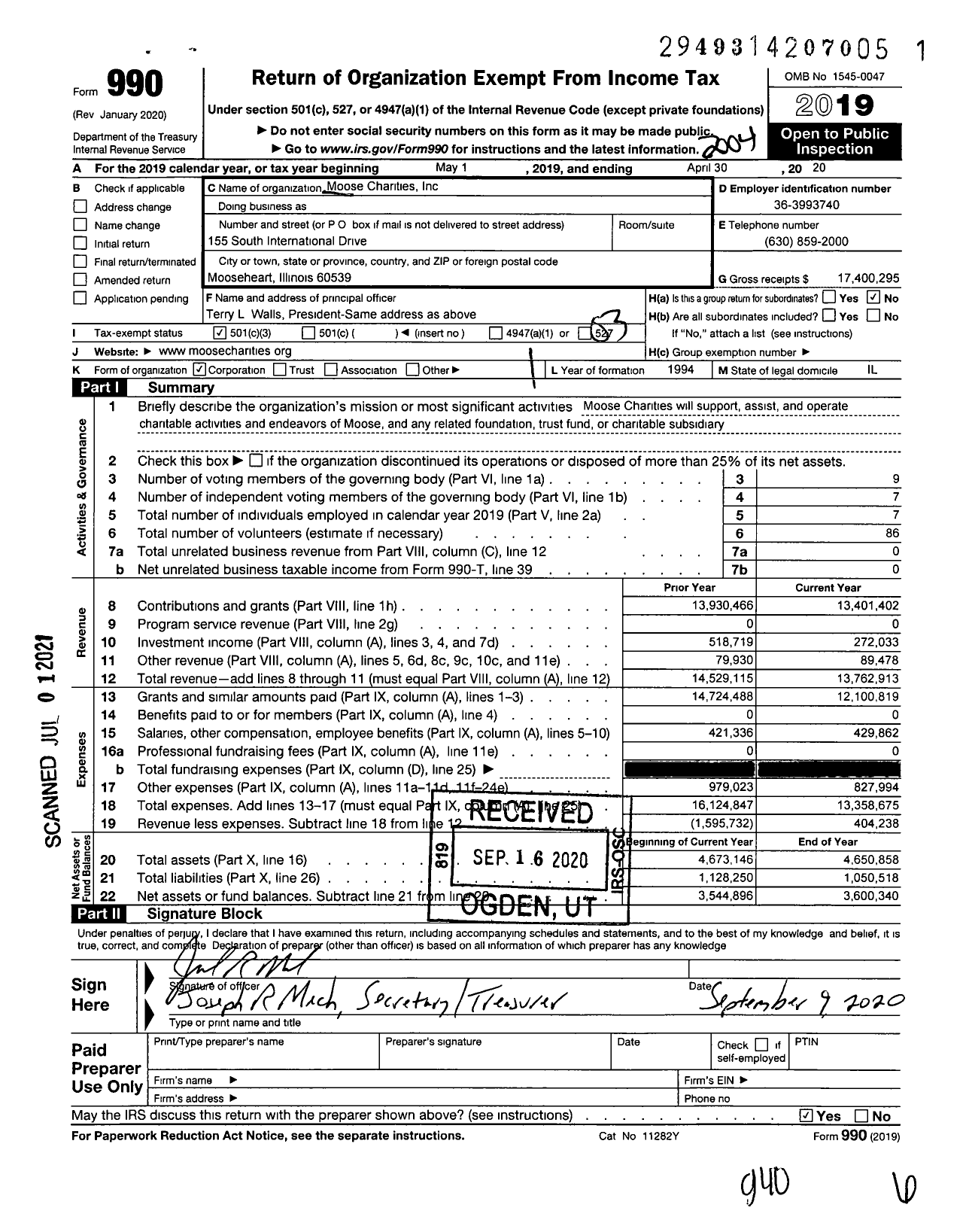 Image of first page of 2019 Form 990 for Moose Charities