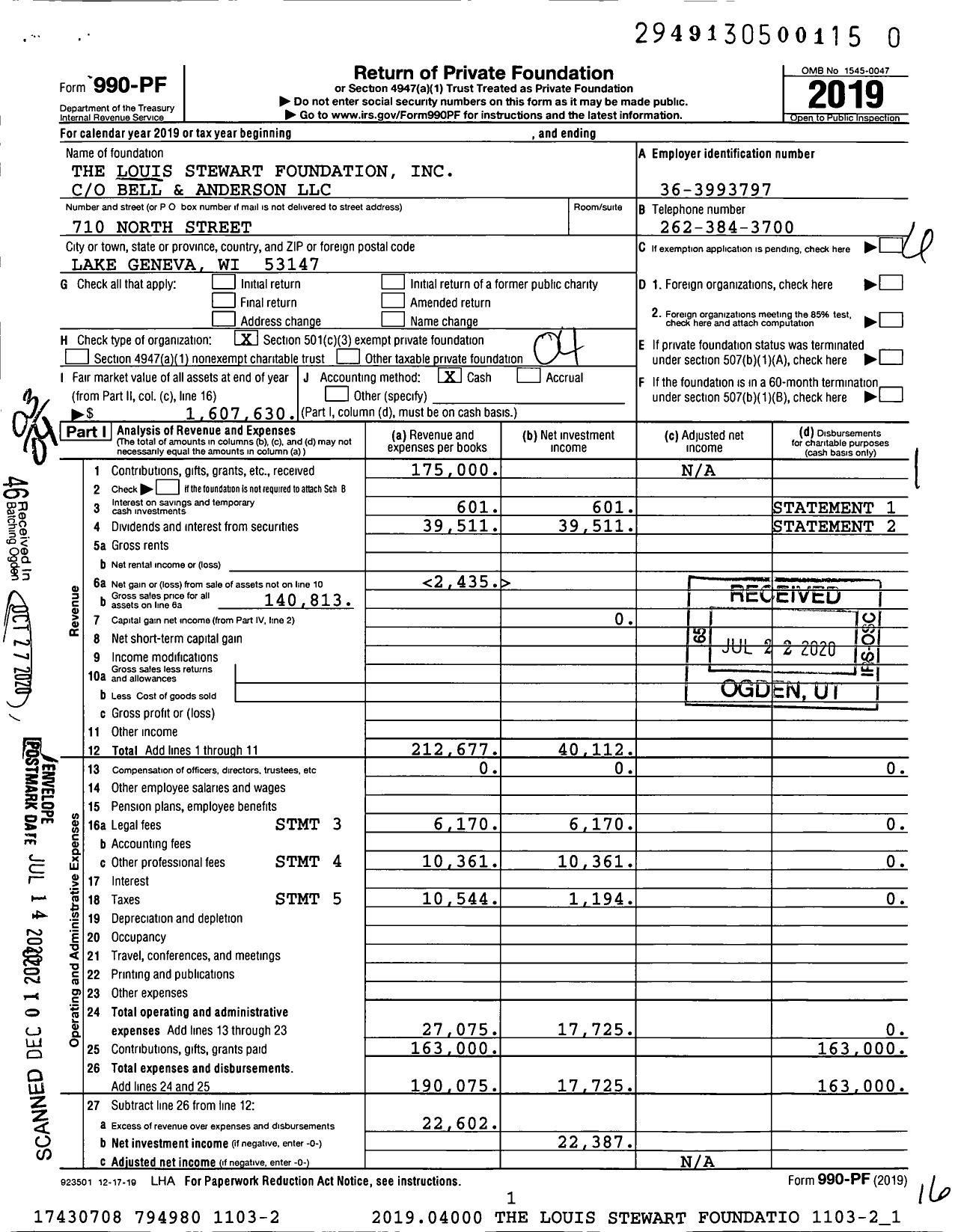 Image of first page of 2019 Form 990PF for The Louis Stewart Foundation