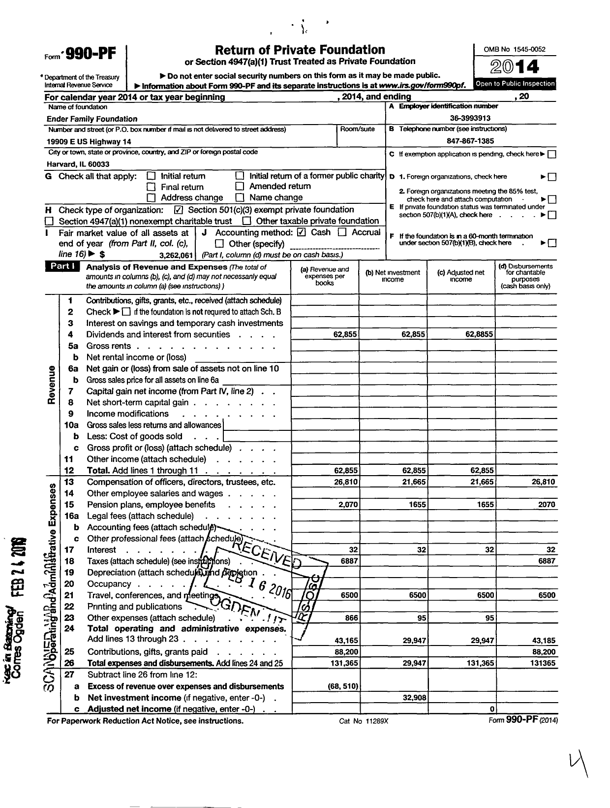 Image of first page of 2014 Form 990PF for Ender Family Foundation