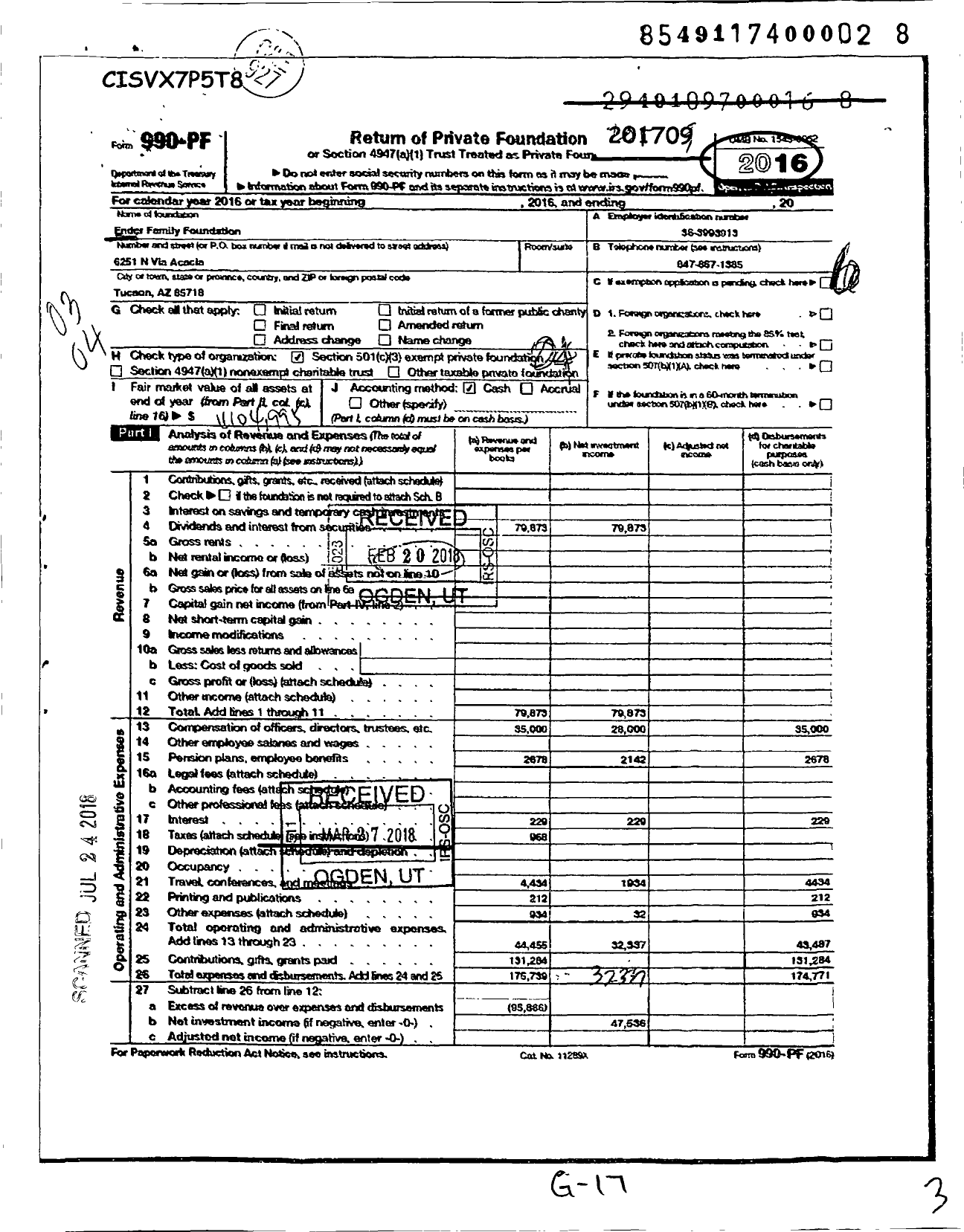 Image of first page of 2016 Form 990PF for Ender Family Foundation