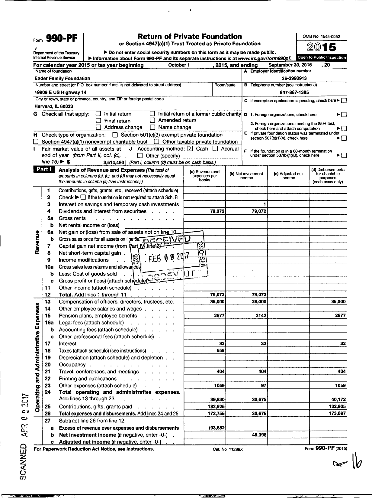 Image of first page of 2015 Form 990PF for Ender Family Foundation