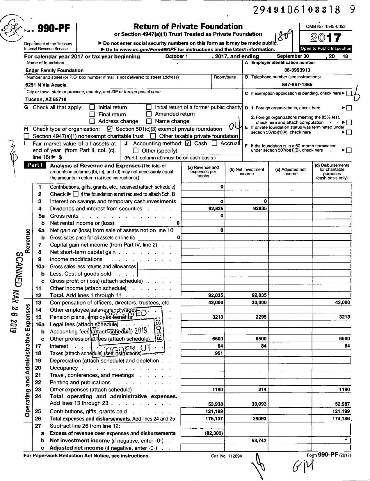 Image of first page of 2017 Form 990PF for Ender Family Foundation