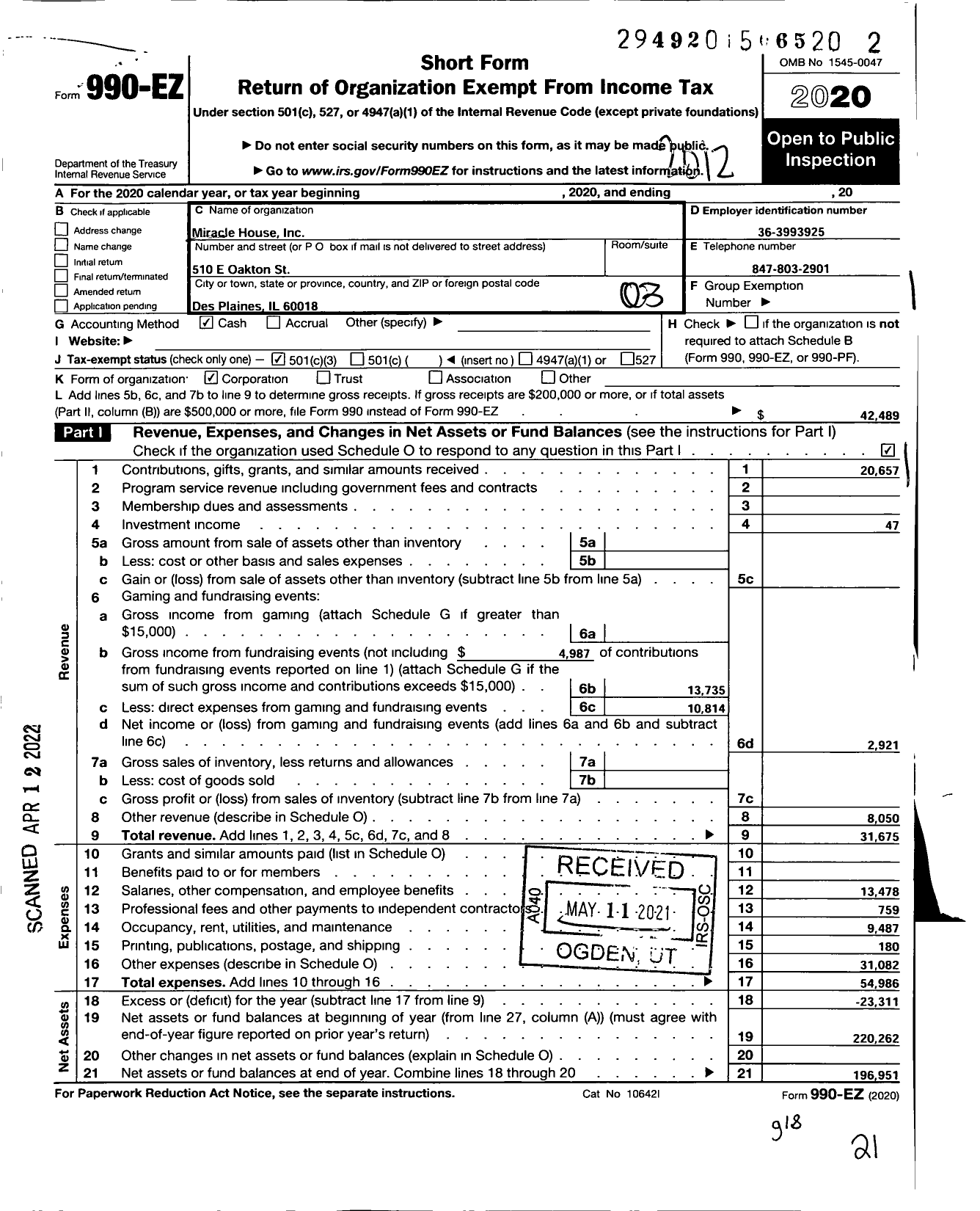 Image of first page of 2020 Form 990EZ for Miracle House