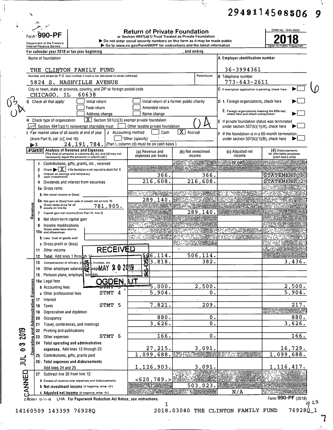 Image of first page of 2018 Form 990PF for The Clinton Family Fund