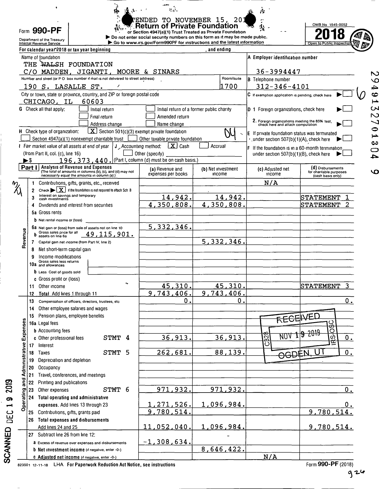 Image of first page of 2018 Form 990PF for The Walsh Foundation