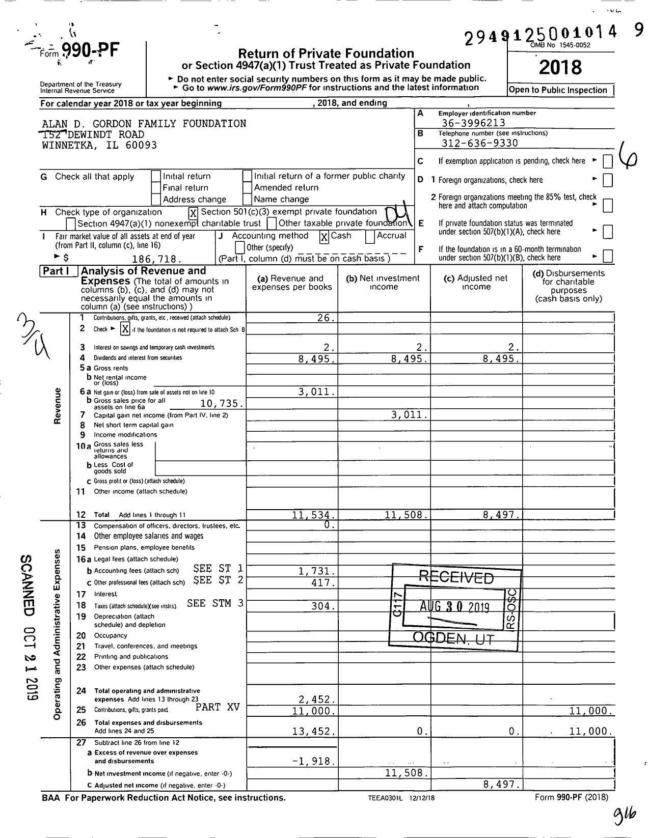 Image of first page of 2018 Form 990PF for Alan D Gordon Family Foundation