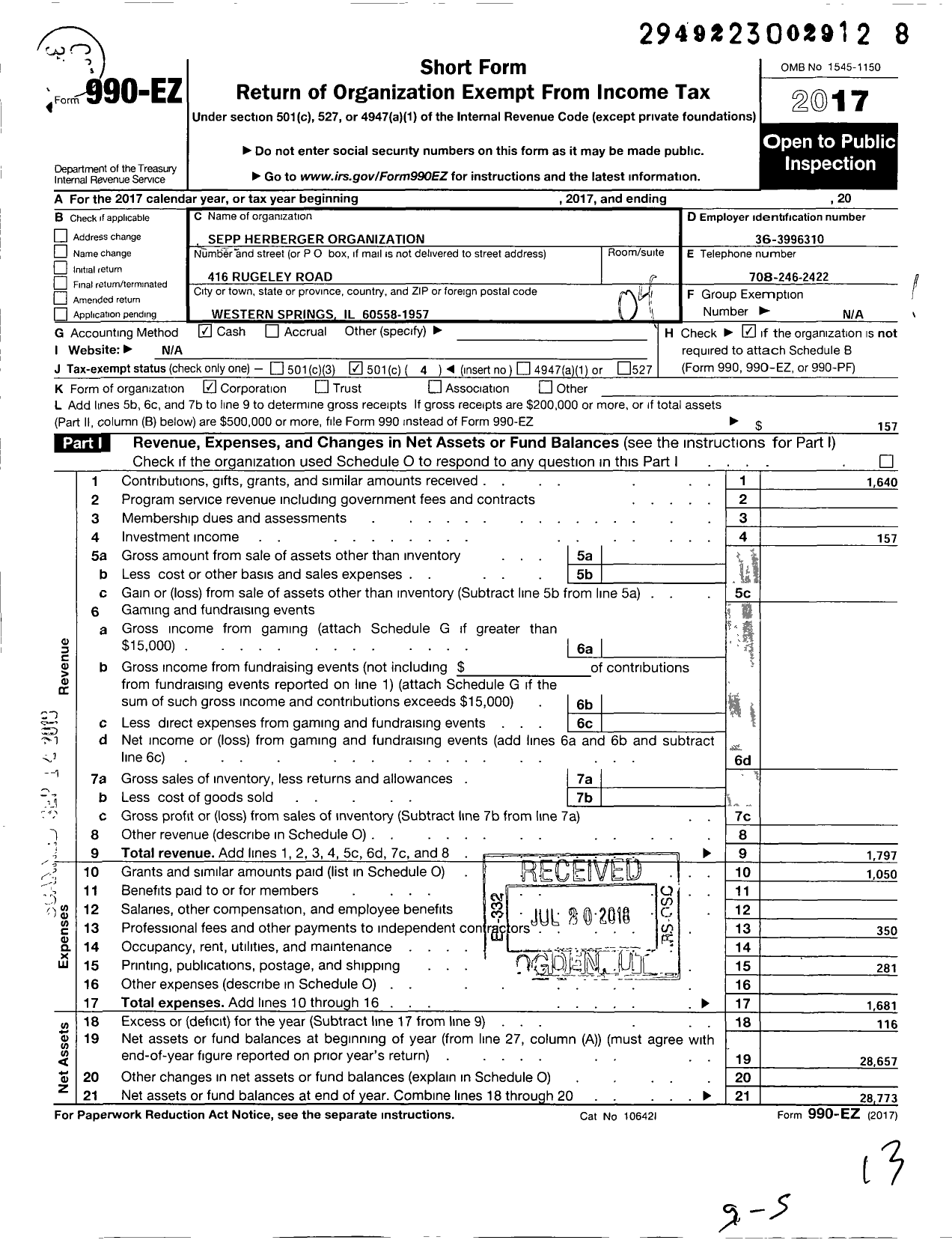 Image of first page of 2017 Form 990EO for Sepp Herberger Organization