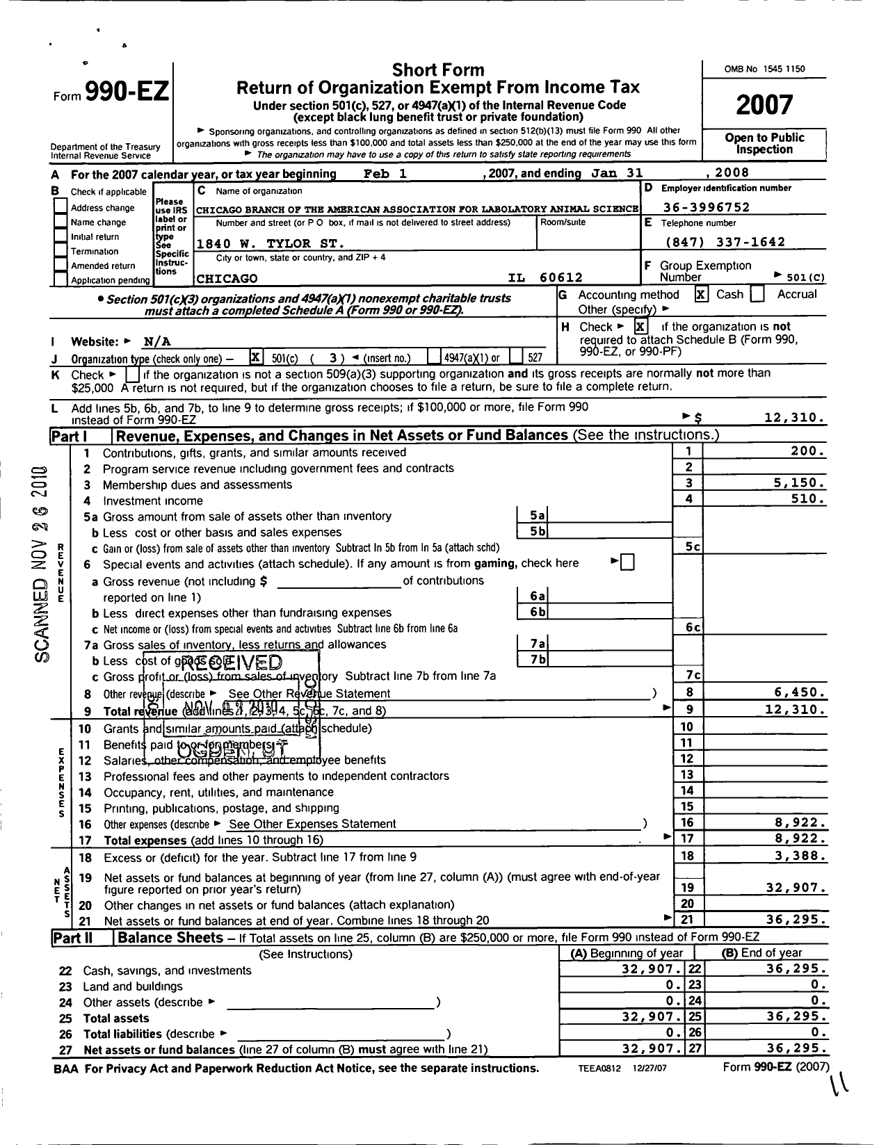 Image of first page of 2008 Form 990EZ for Chicago Branch of the American Association for Laboratory Animal