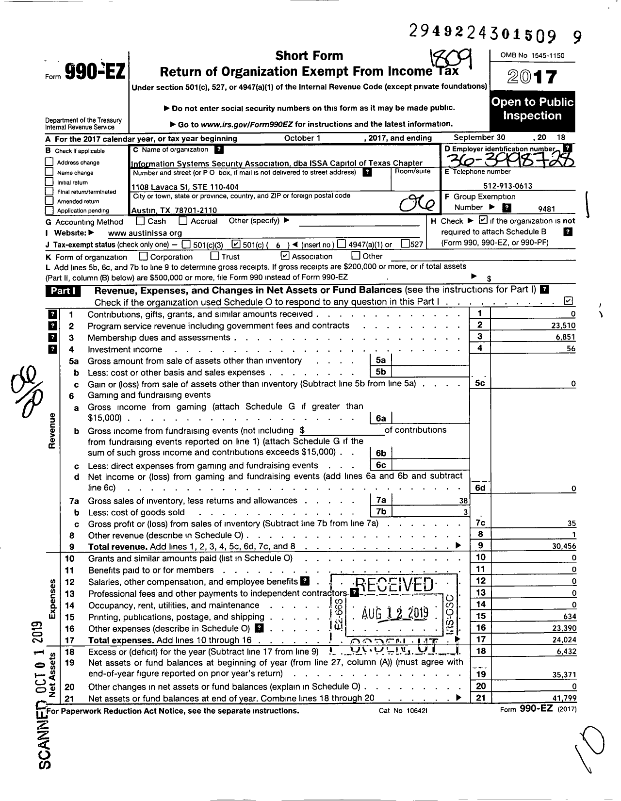 Image of first page of 2017 Form 990EO for Information Systems Security Association / Capital of Texas Chapter