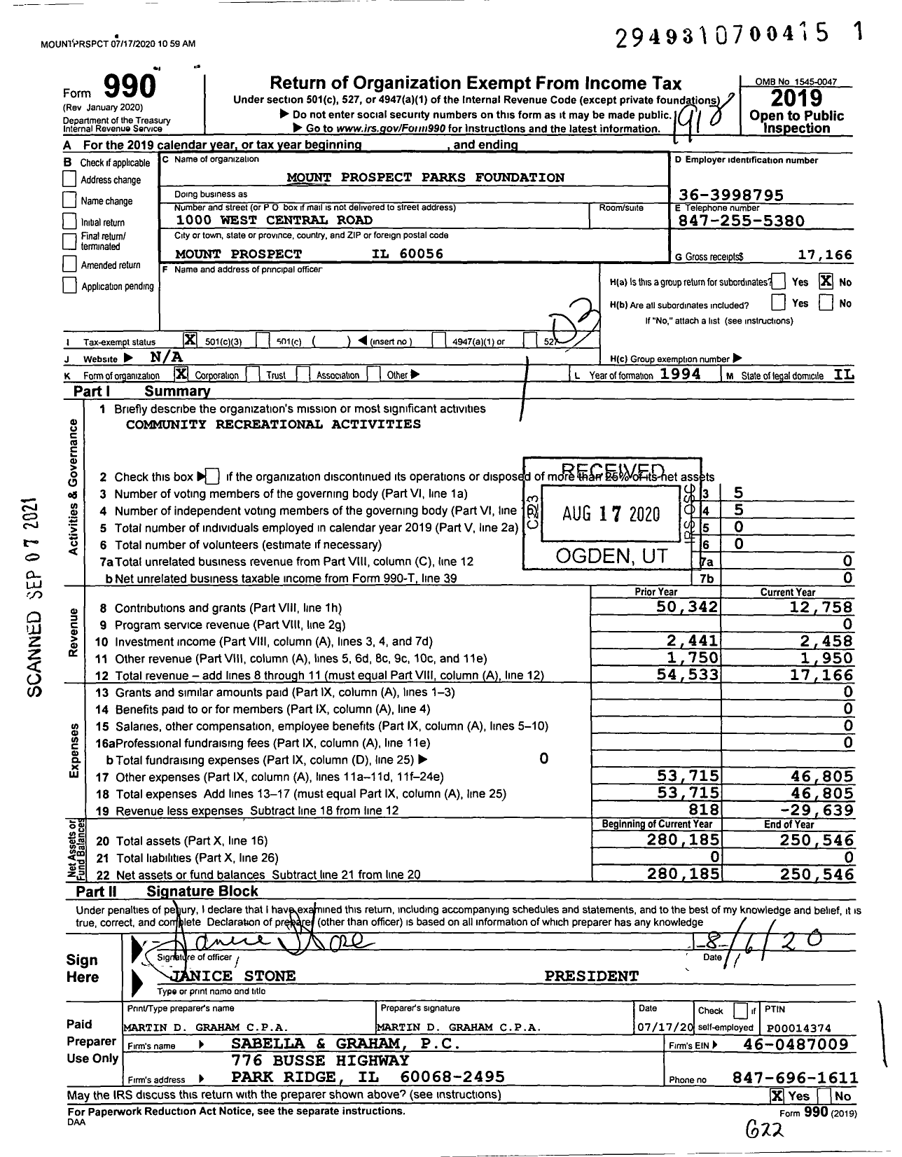 Image of first page of 2019 Form 990 for Mount Prospect Parks Foundation