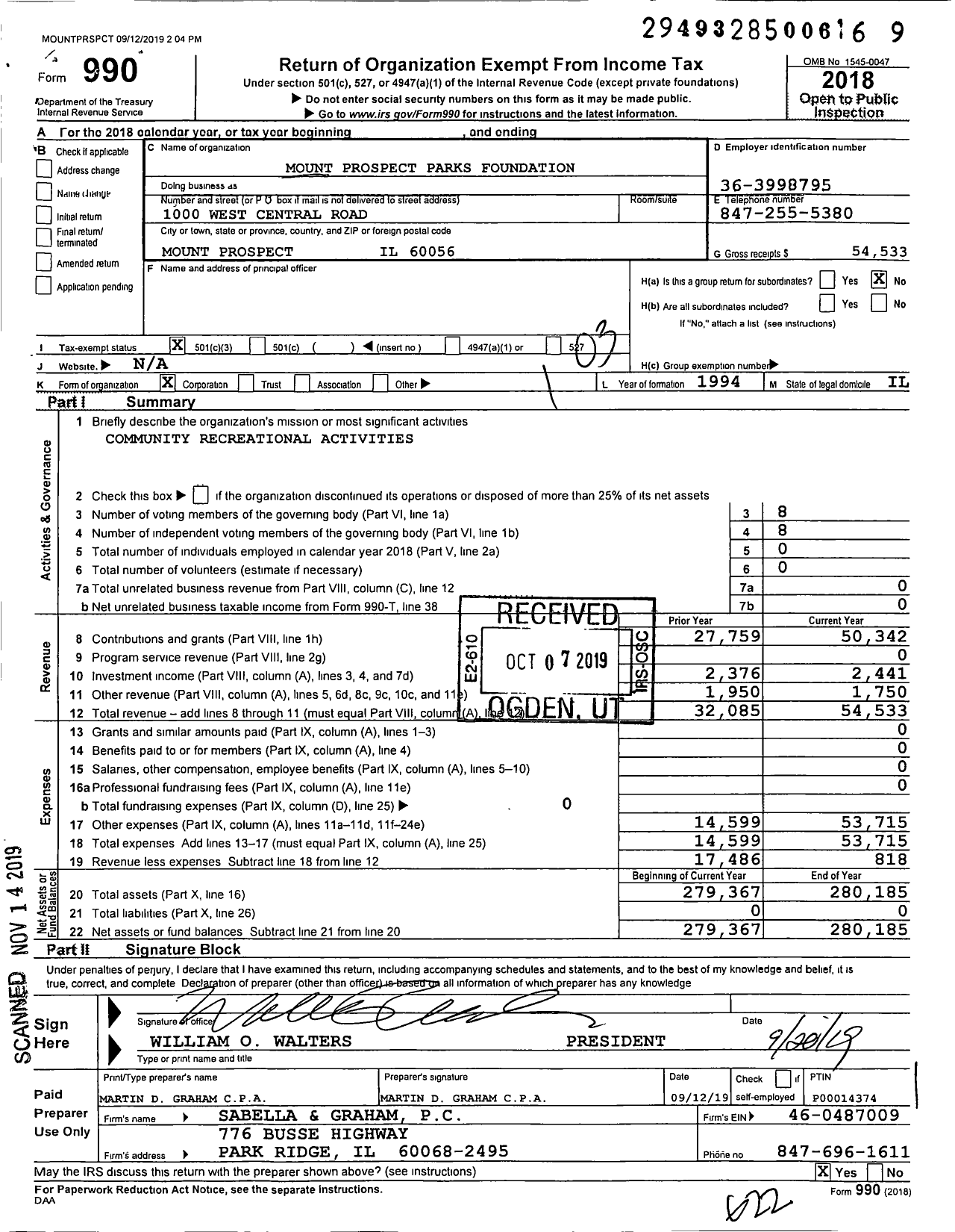 Image of first page of 2018 Form 990 for Mount Prospect Parks Foundation