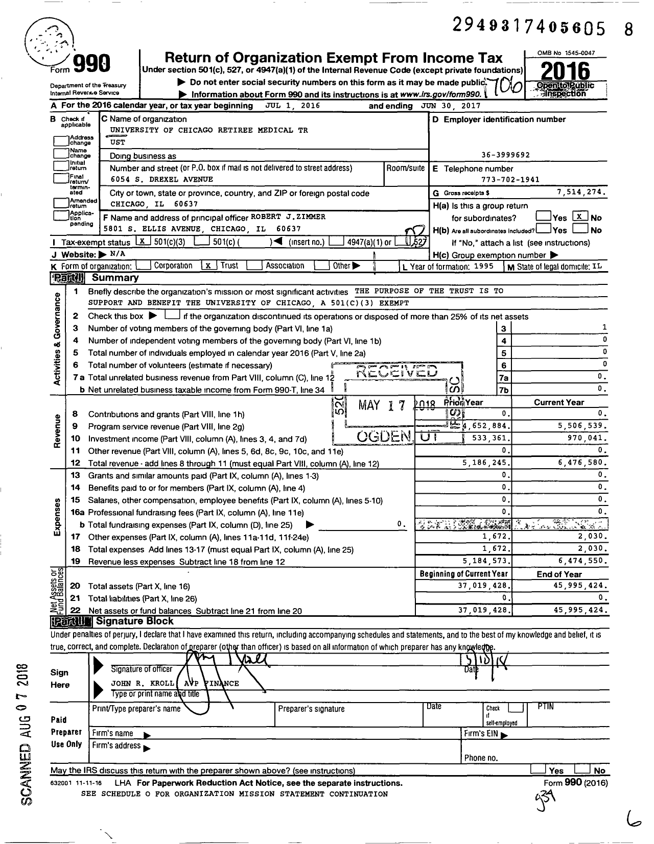 Image of first page of 2016 Form 990 for University of Chicago Retiree Medical Trust