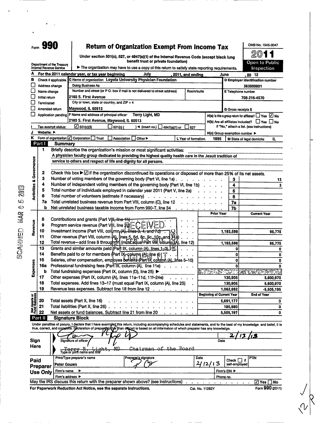 Image of first page of 2011 Form 990 for Loyola University Physician Foundation