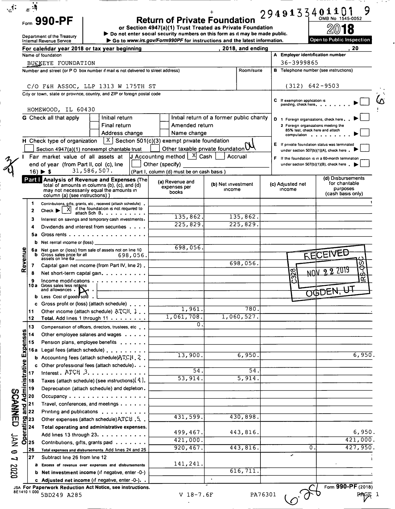 Image of first page of 2018 Form 990PF for Buckeye Foundation