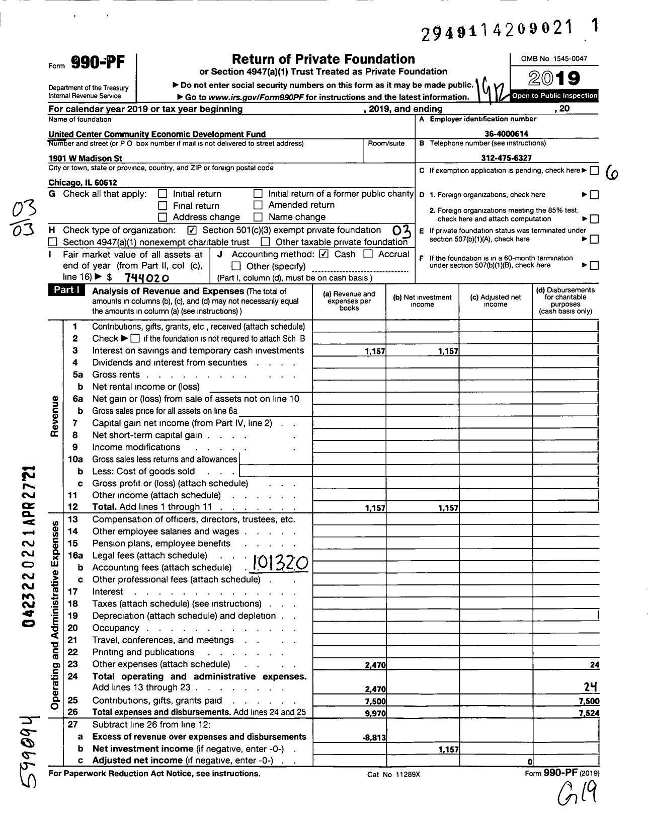 Image of first page of 2019 Form 990PF for United Center Community Economic Development Fund