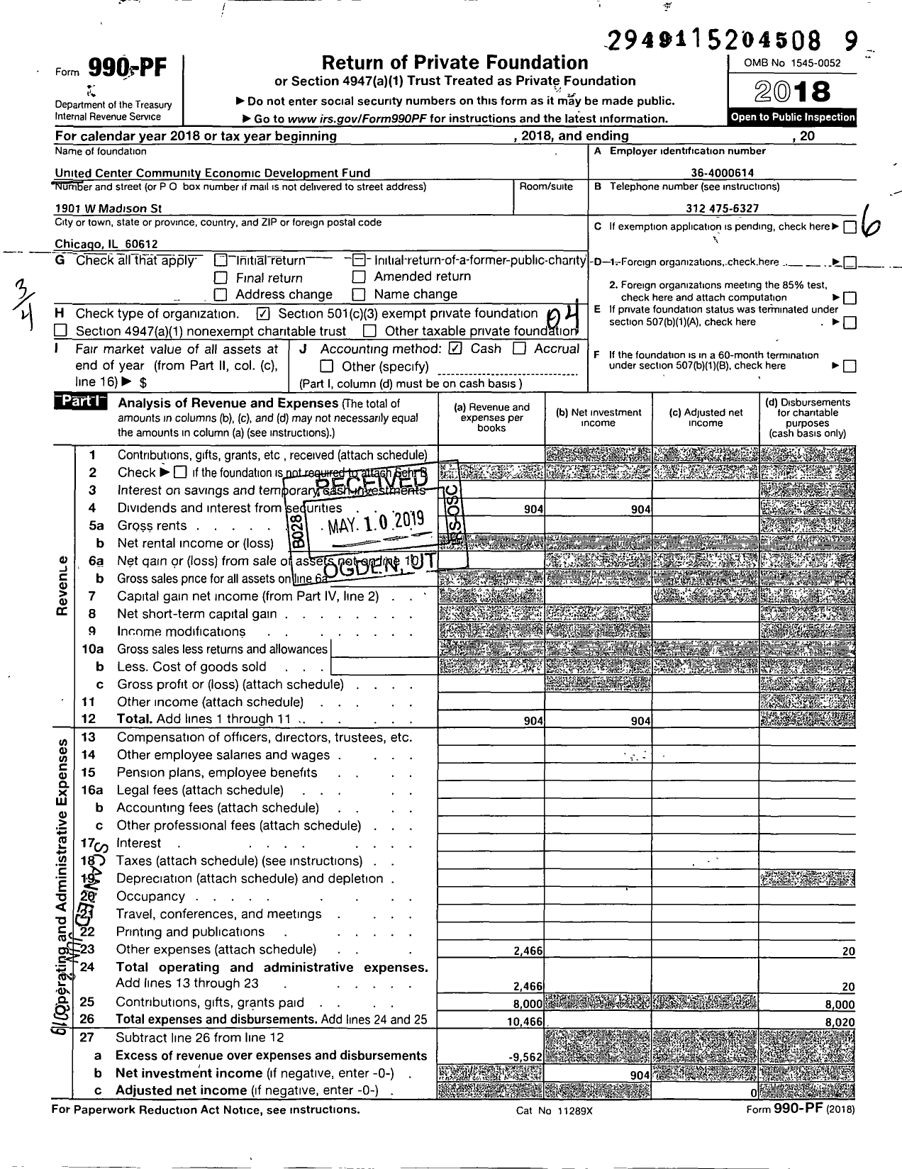 Image of first page of 2018 Form 990PF for United Center Community Economic Development Fund