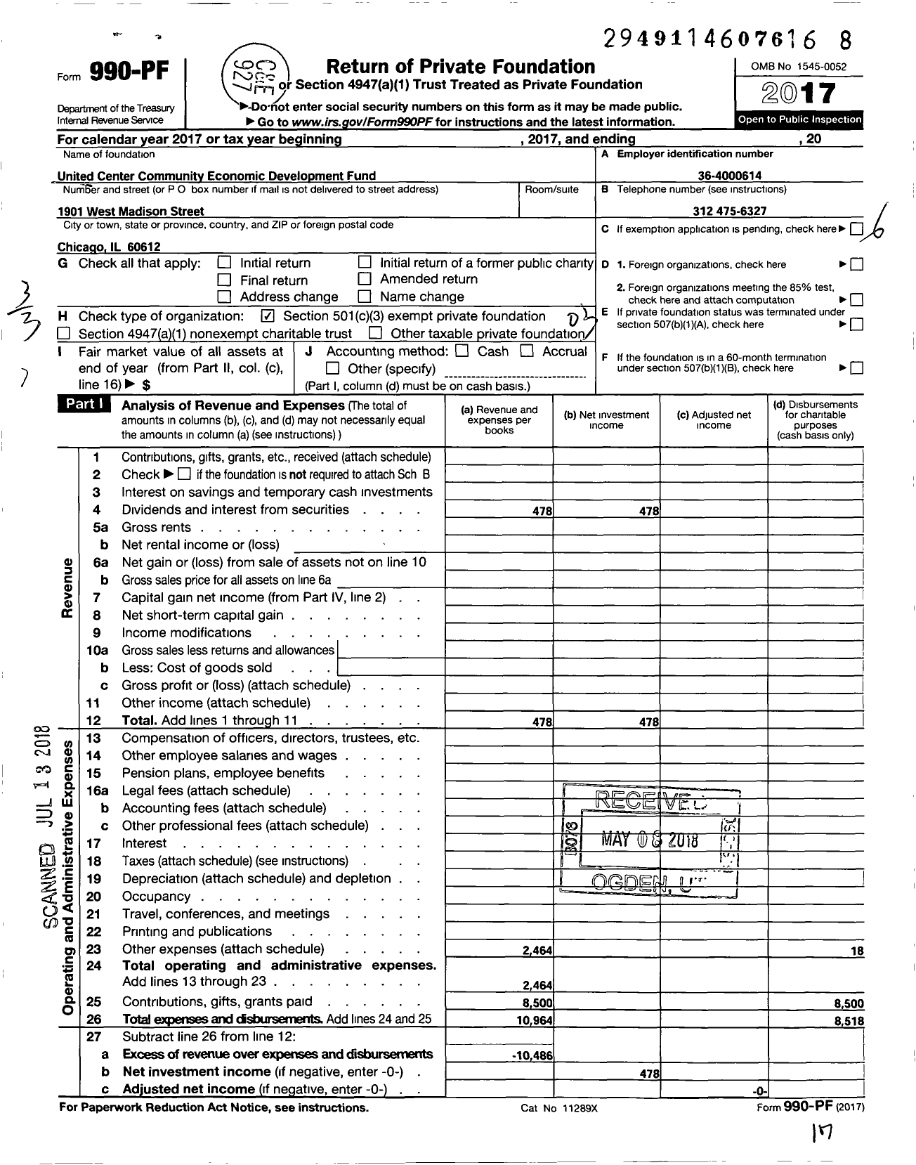 Image of first page of 2017 Form 990PF for United Center Community Economic Development Fund