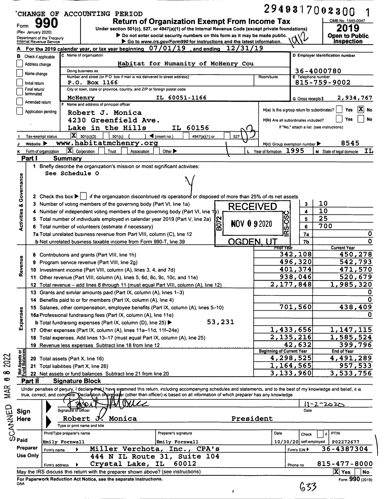 Image of first page of 2019 Form 990 for Habitat for Humanity - Habitat for Humanity of McHenry Cou (HFHMC)