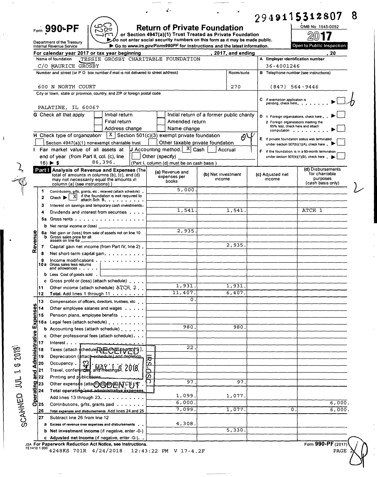 Image of first page of 2017 Form 990PF for Tessie Grosby Charitable Foundation