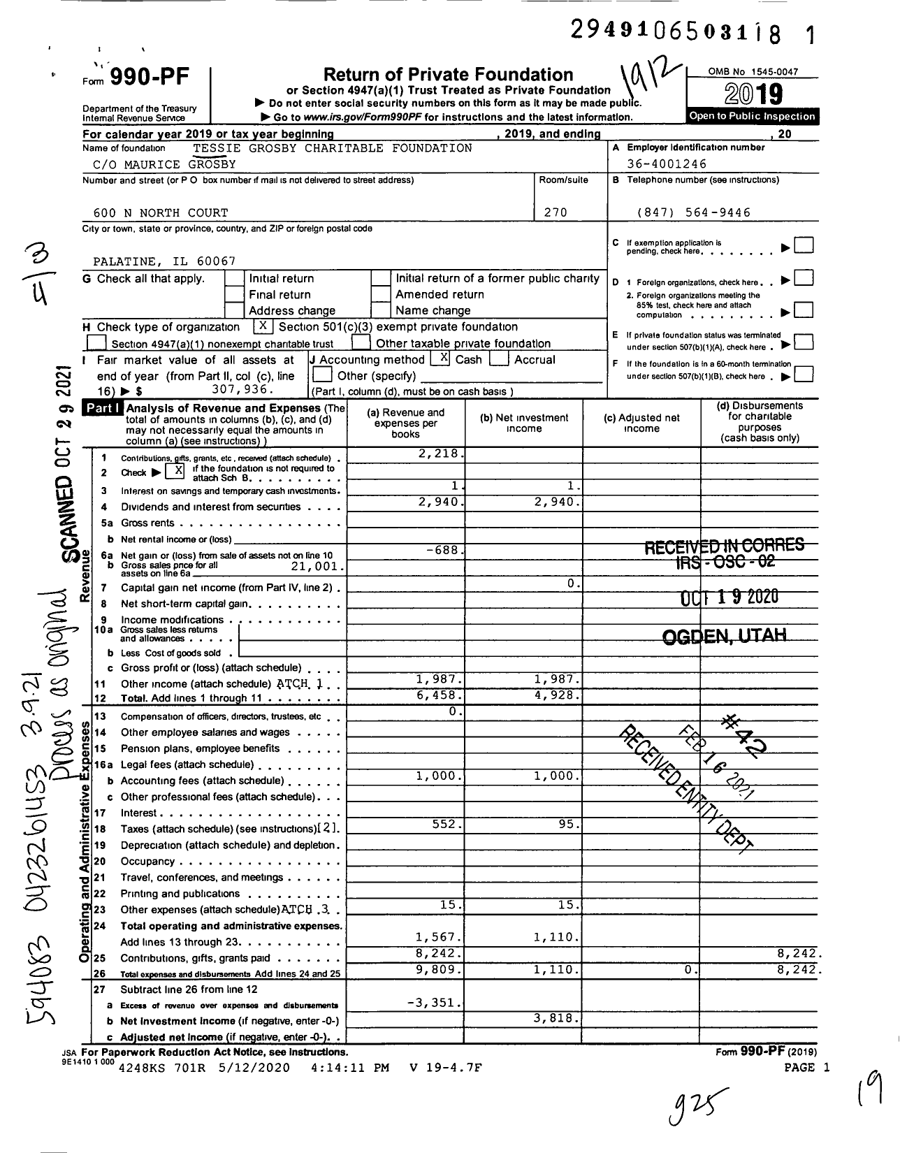 Image of first page of 2019 Form 990PF for Tessie Grosby Charitable Foundation